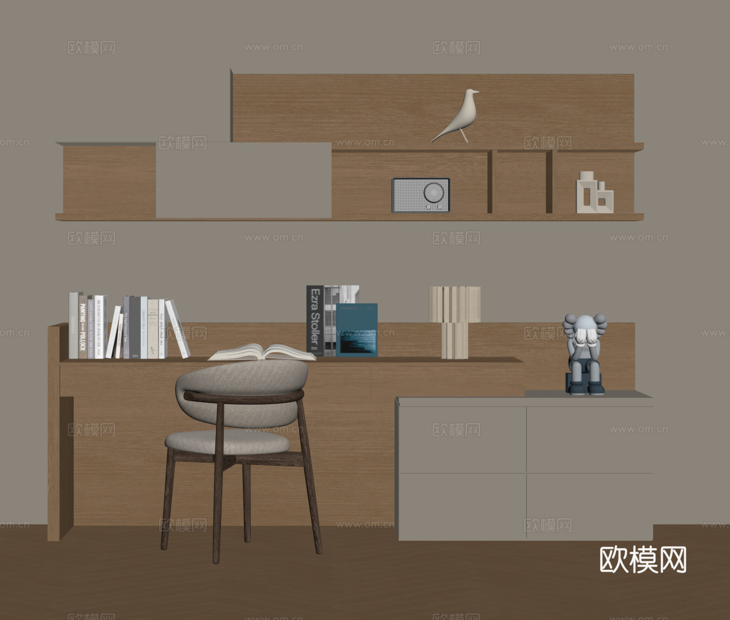 现代书桌一体柜 办公桌椅 书架 书籍su模型
