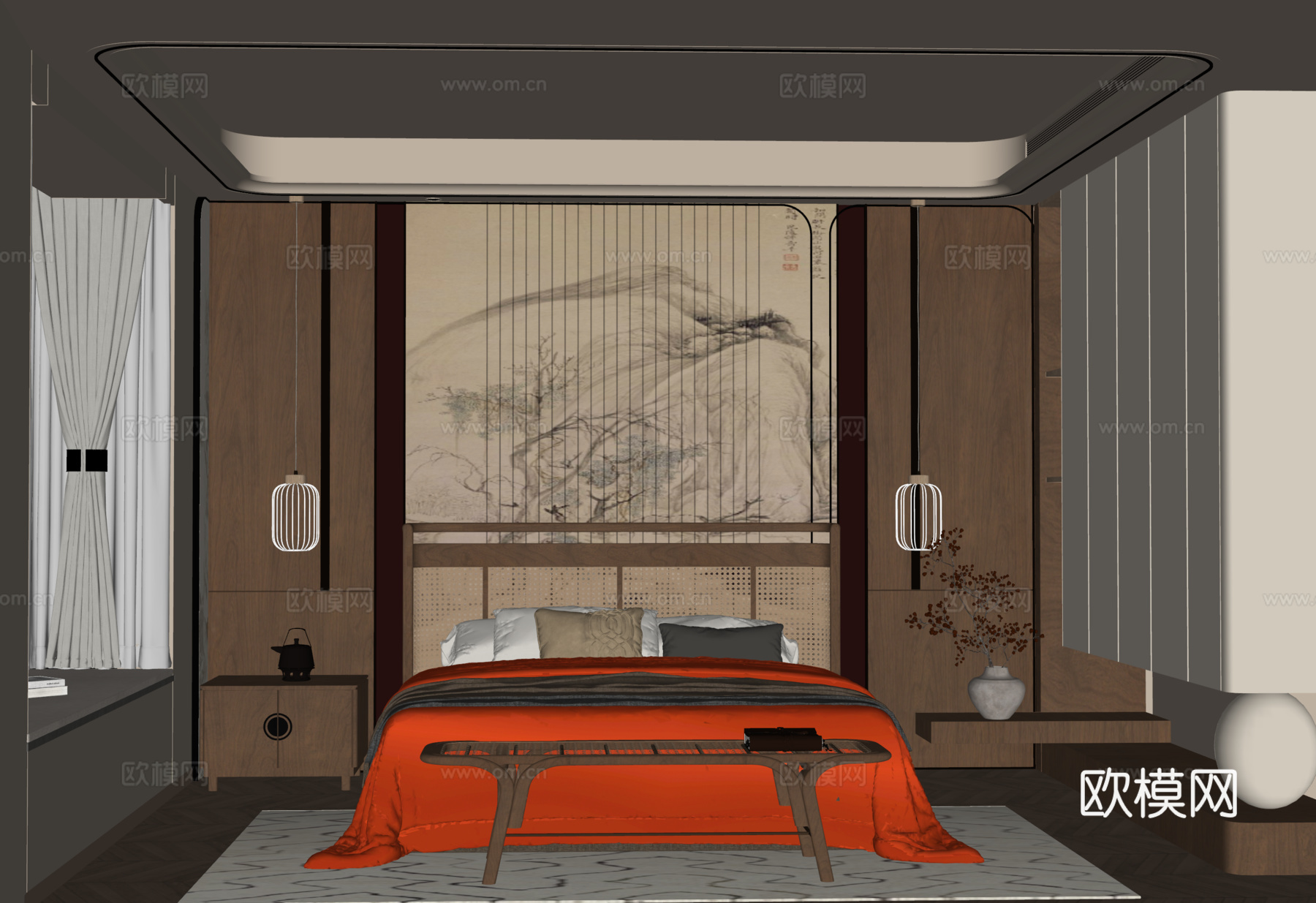 宋式卧室 宋式衣柜 双人床su模型