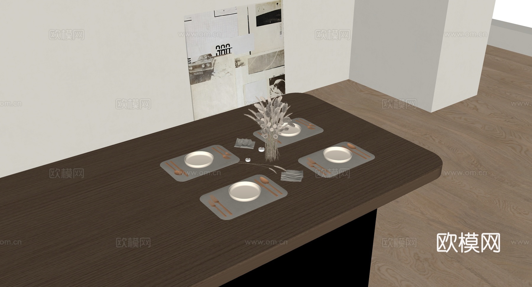 现代简约餐桌摆盘 金属刀叉 高脚杯 干花花瓶 餐垫su模型