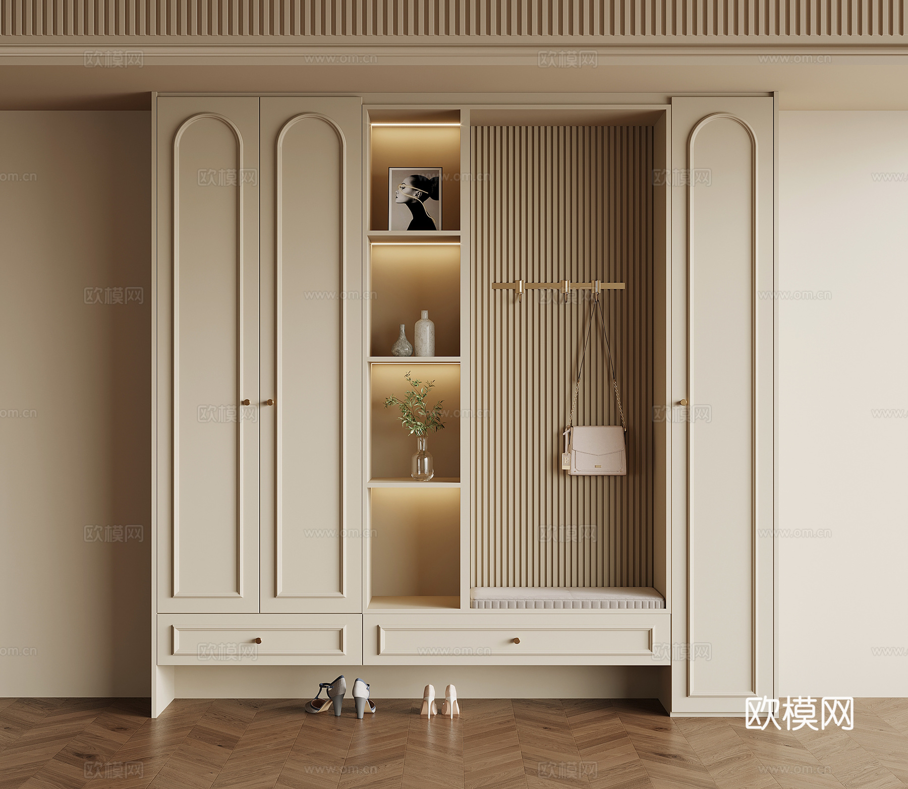 法式奶油风鞋柜 入户鞋柜su模型