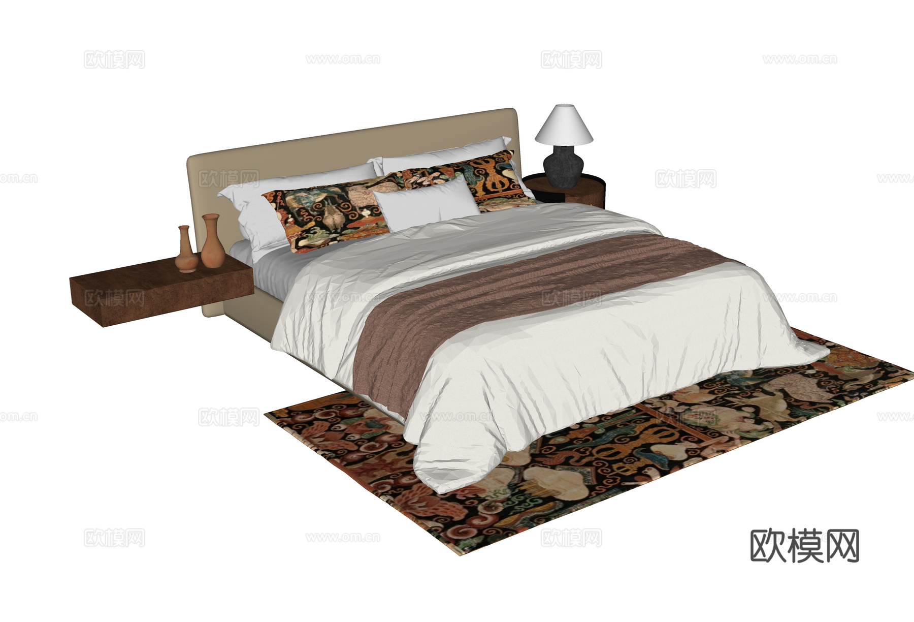 现代双人床 地毯su模型