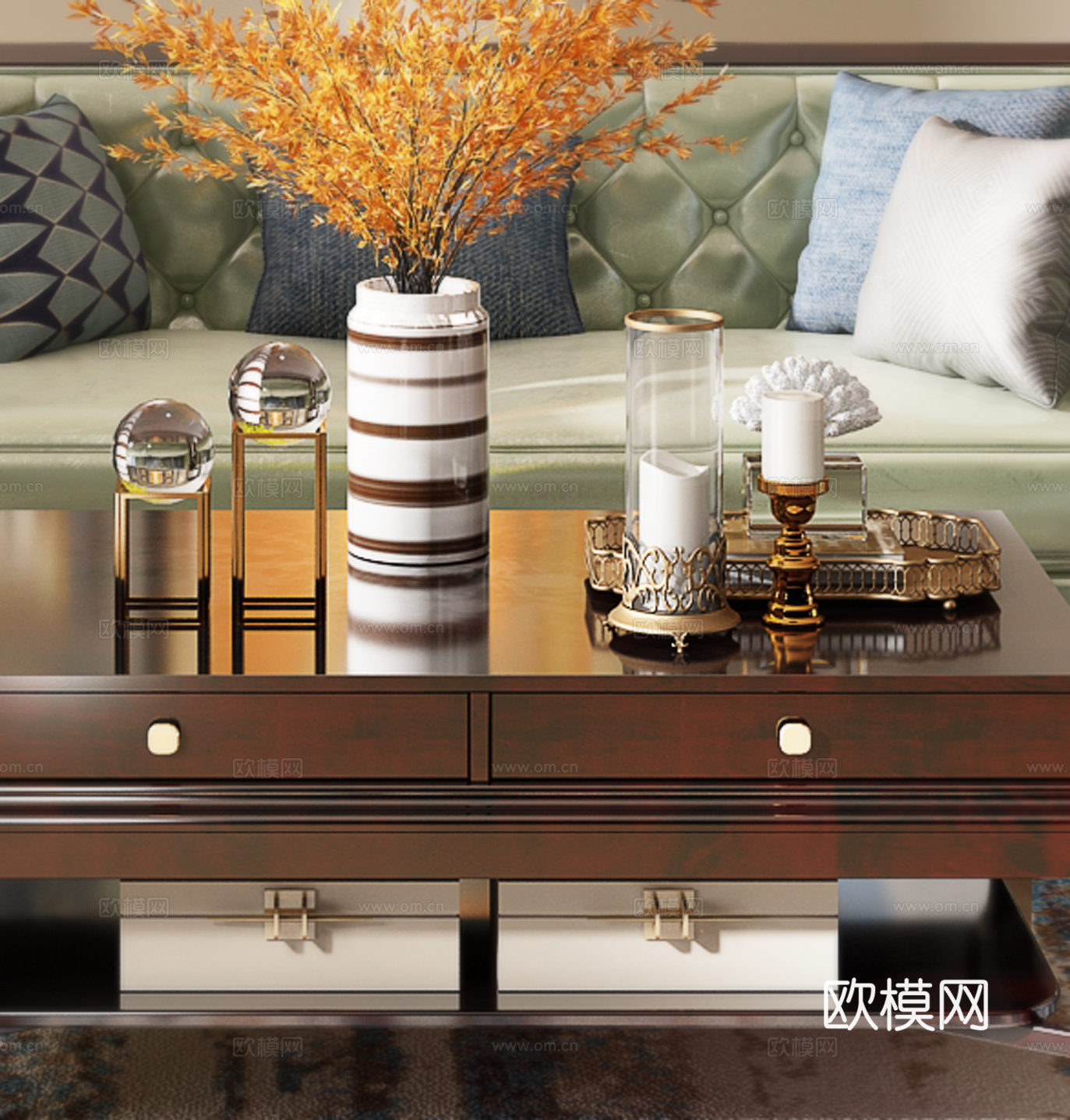 现代沙发茶几组合 挂画 橱柜 台灯 边几 摆件3d模型下载（渲染图4）