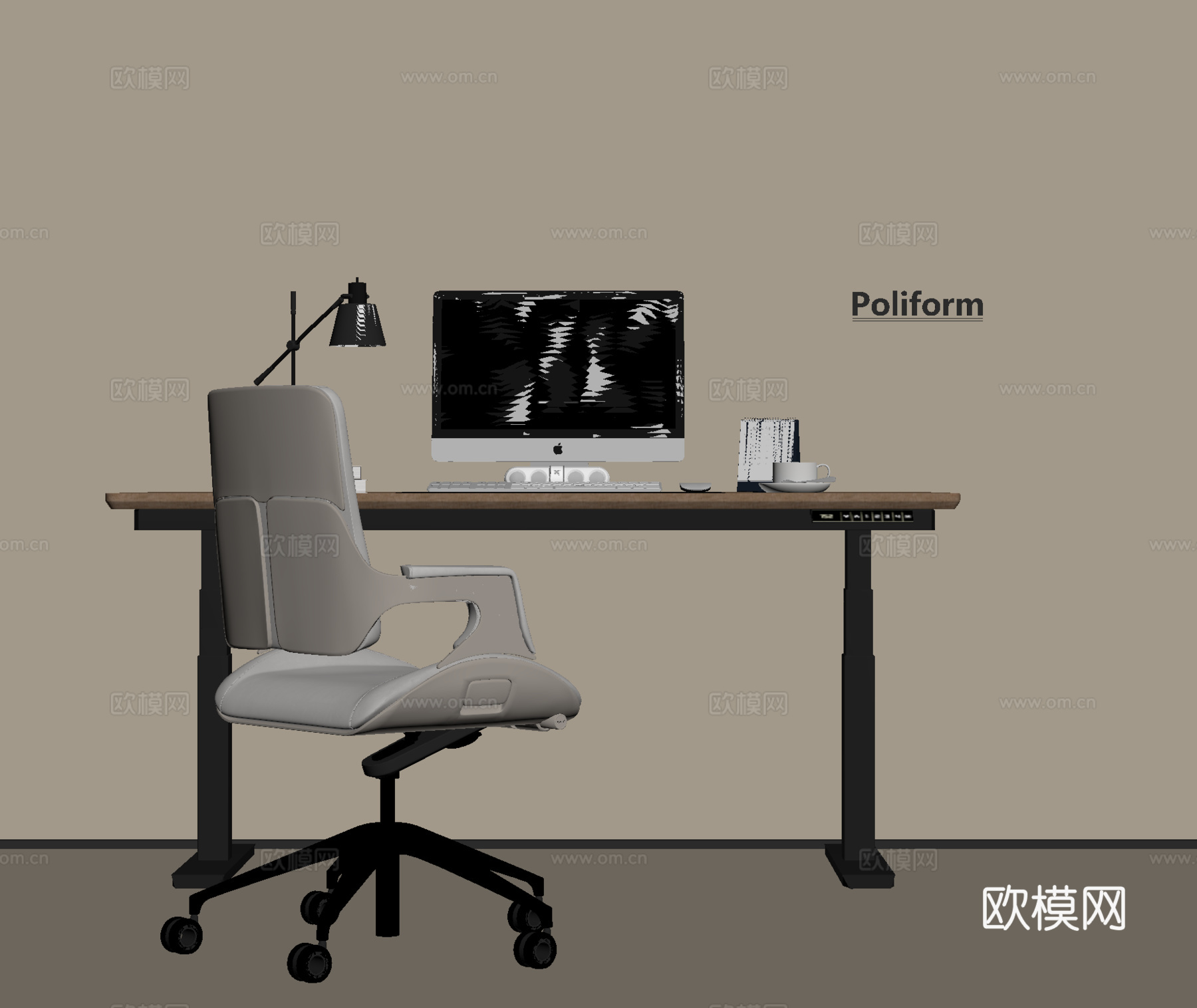 现代办公桌椅 电脑桌椅 电脑 台灯 摆件su模型