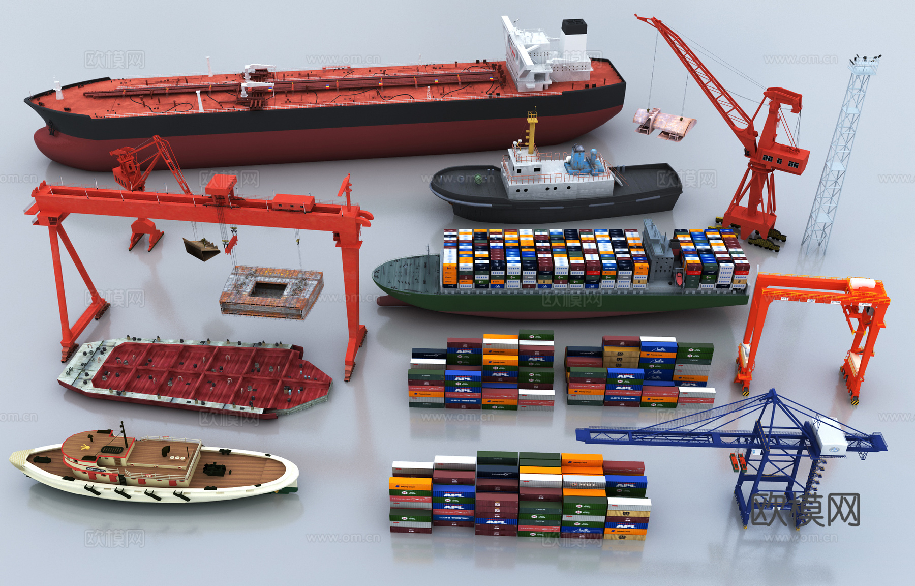 现代塔吊设备船舶组合 塔吊 吊车 轮船 集装箱 码头设备su模型