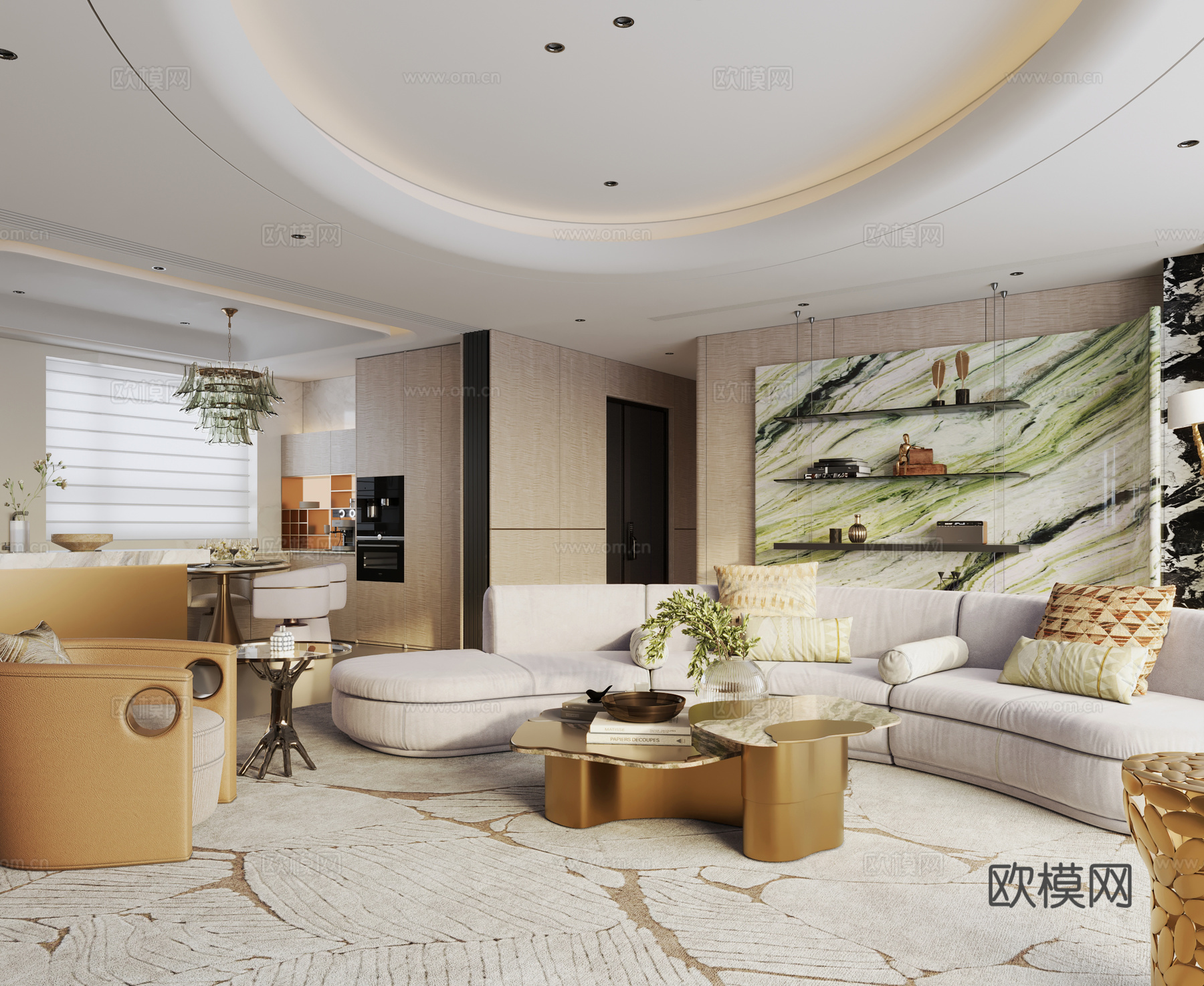 现代轻奢客餐厅 意式轻奢客餐厅 横厅 大平层3d模型下载（渲染图1）