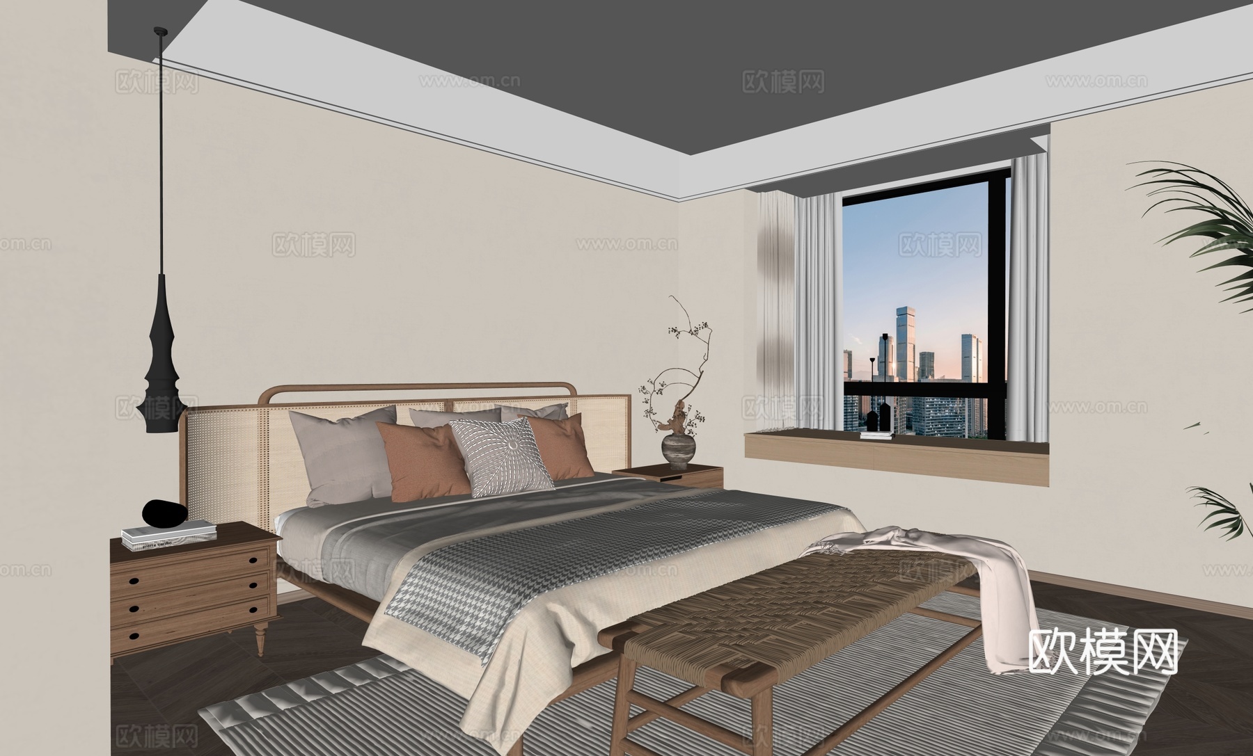 侘寂双人床卧室su模型