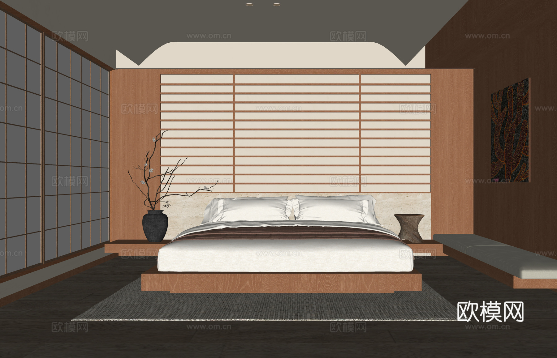日式卧室 双人床免费su模型