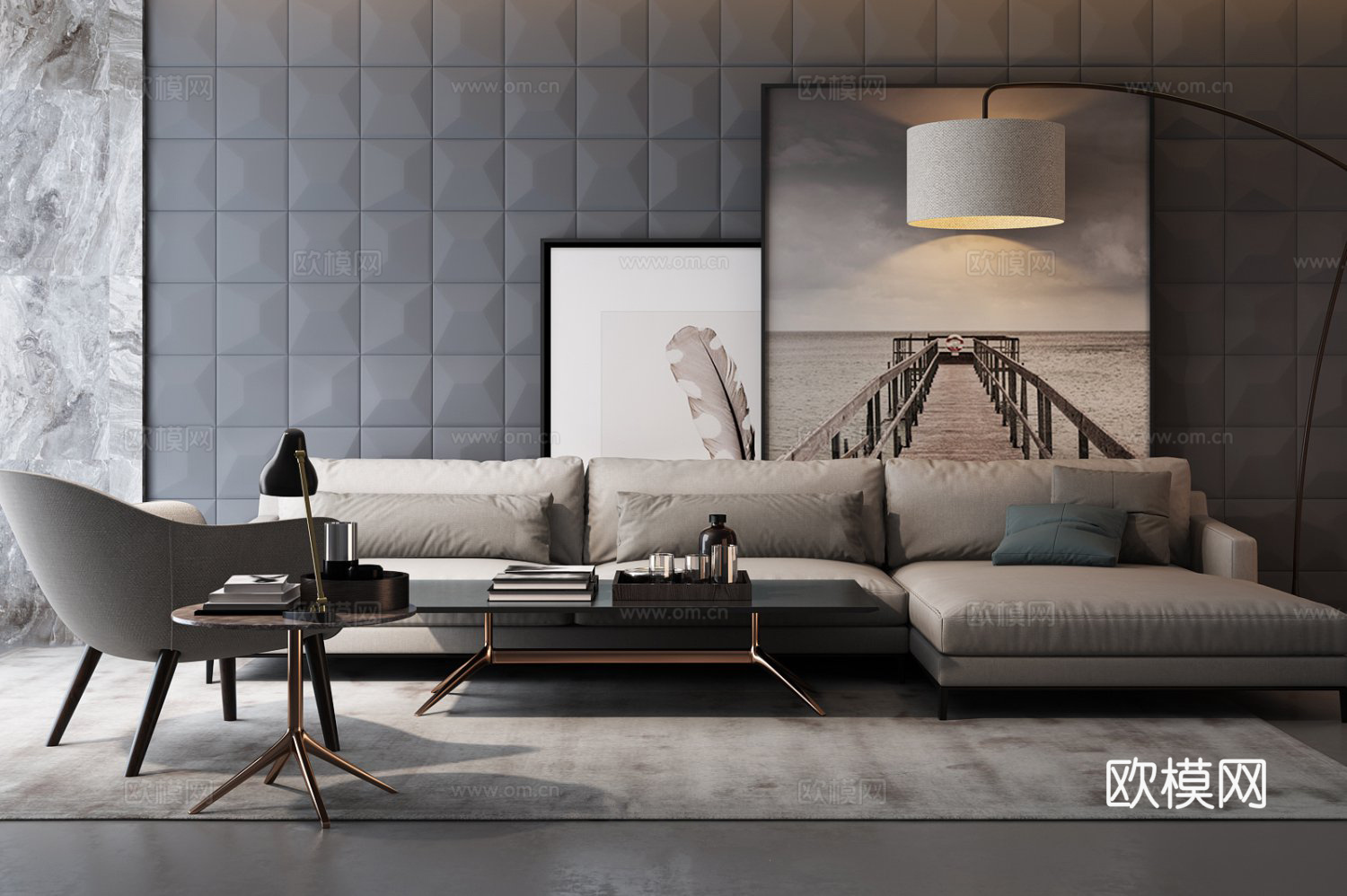 现代沙发茶几组合 挂画 吊灯 地毯 墙板3d模型下载（渲染图2）
