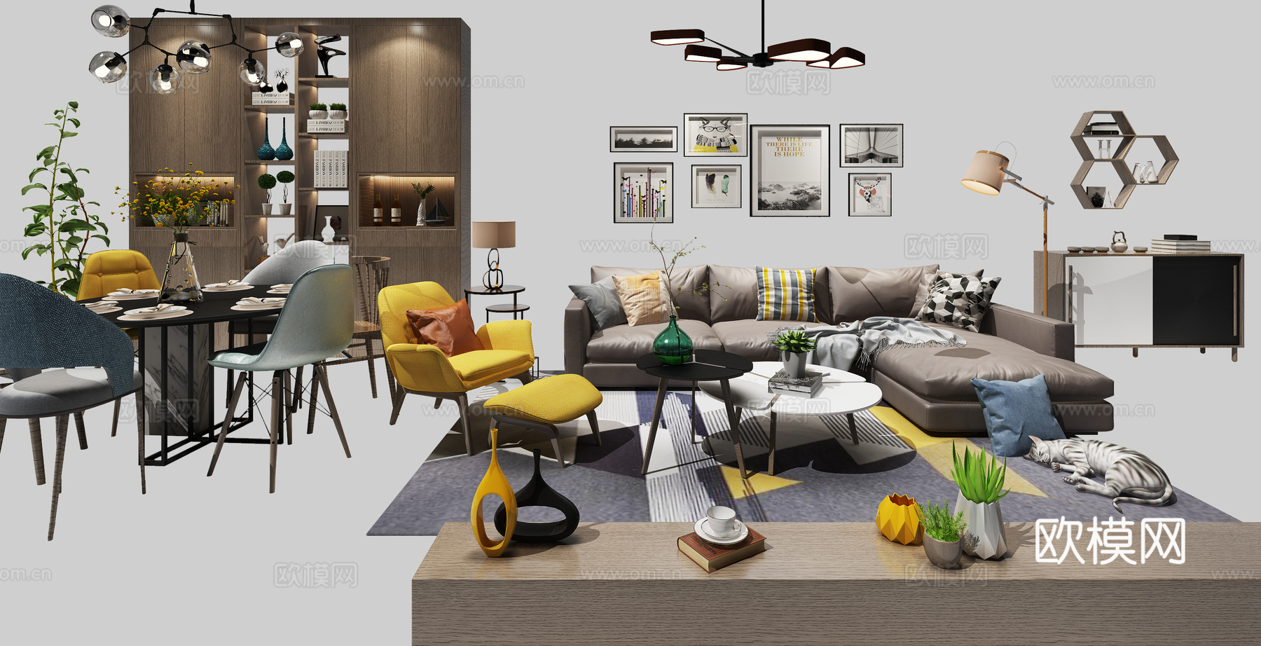 现代北欧沙发餐桌组合3d模型下载（渲染图2）