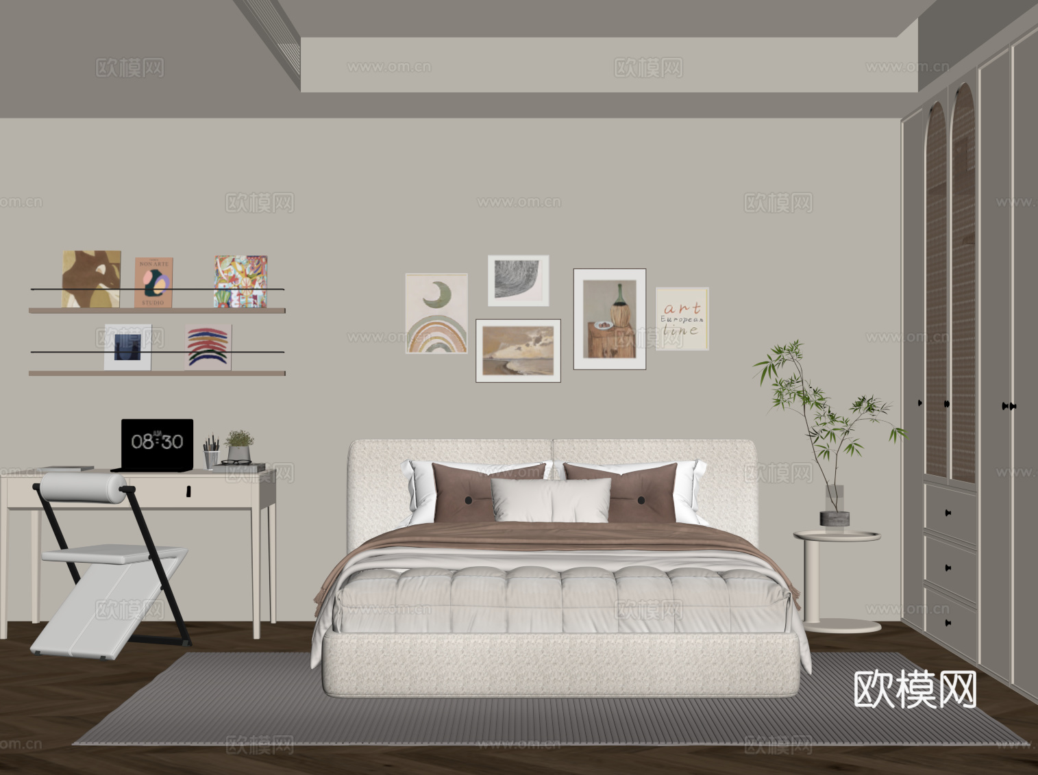 奶油风卧室su模型下载（渲染图2）