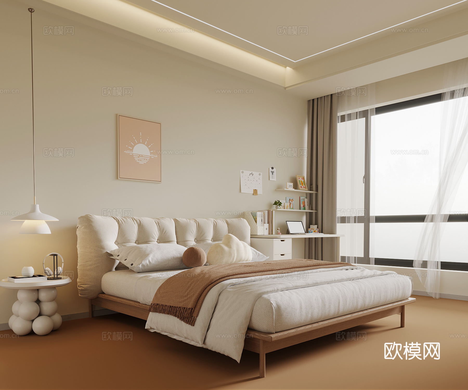 奶油风卧室3d模型下载