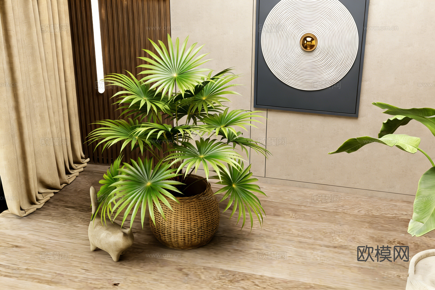 ins风绿植软装套组 琴叶榕天堂鸟 编织盆 动物摆件 装饰画su模型