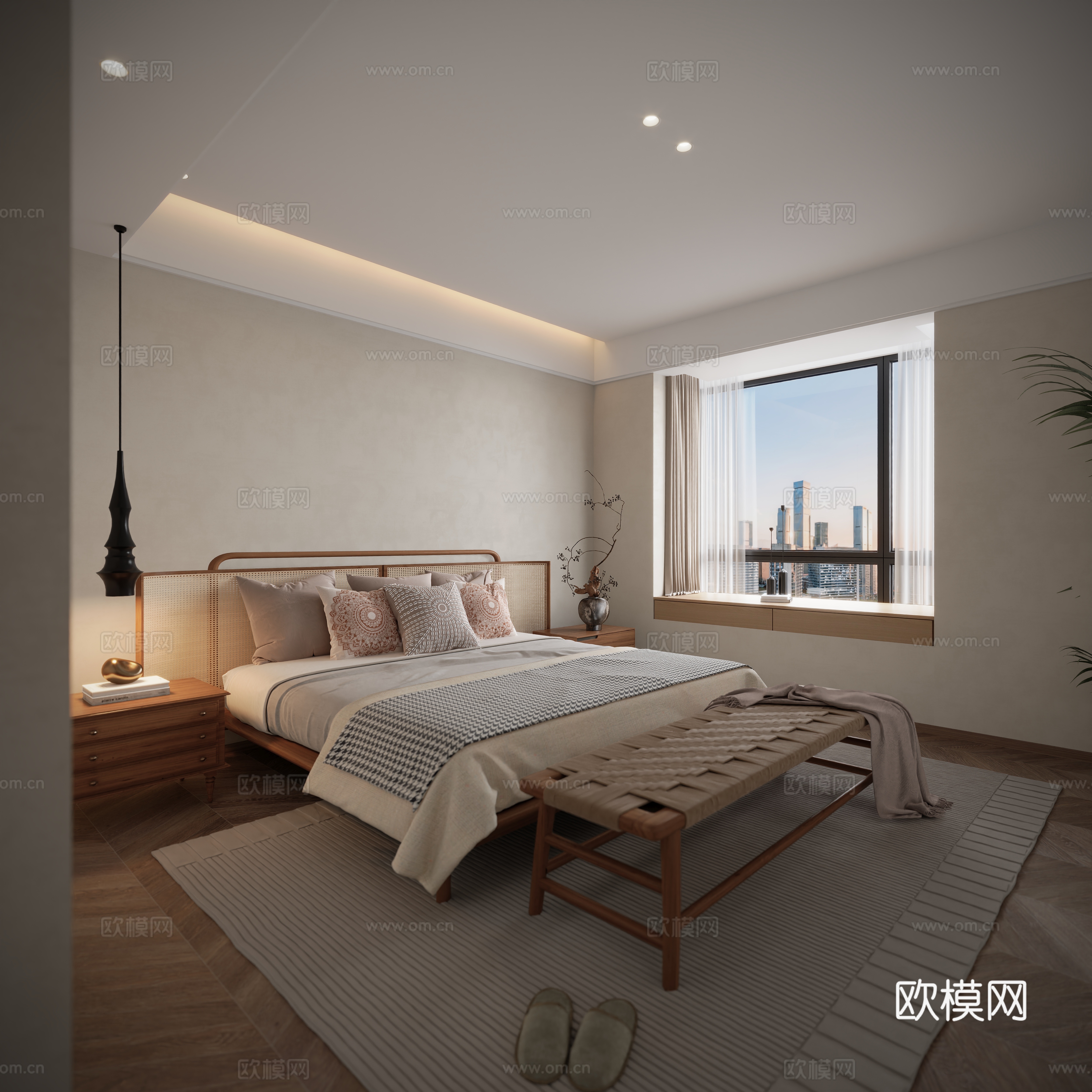 侘寂双人床卧室su模型