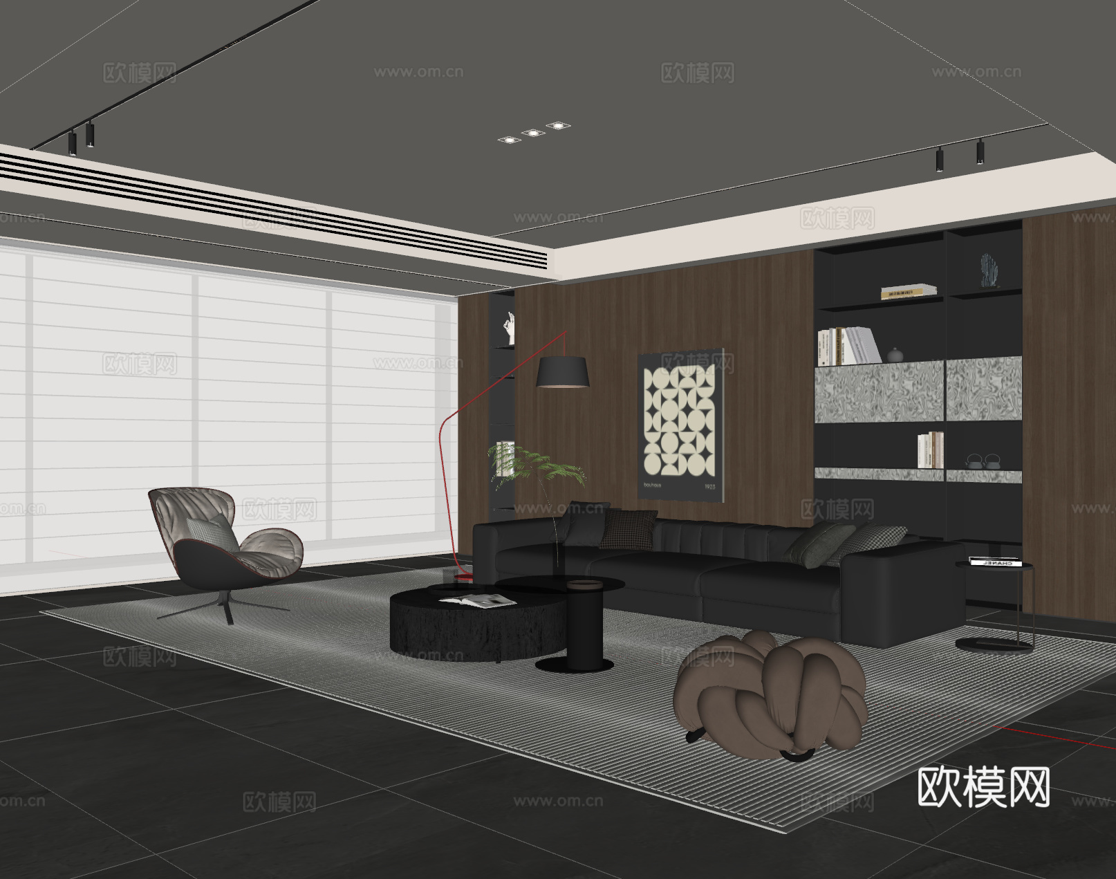 现代意式客厅 沙发茶几 三人沙发 休闲椅 落地灯 地毯su模型