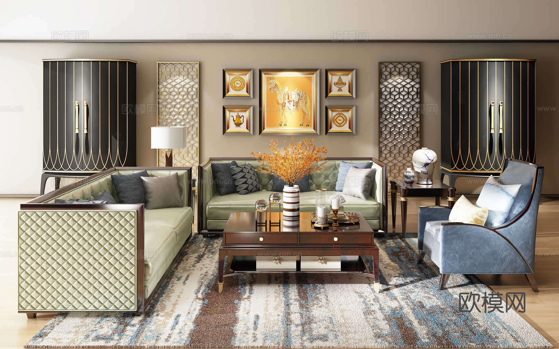 现代沙发茶几组合 挂画 橱柜 台灯 边几 摆件3d模型下载（渲染图1）