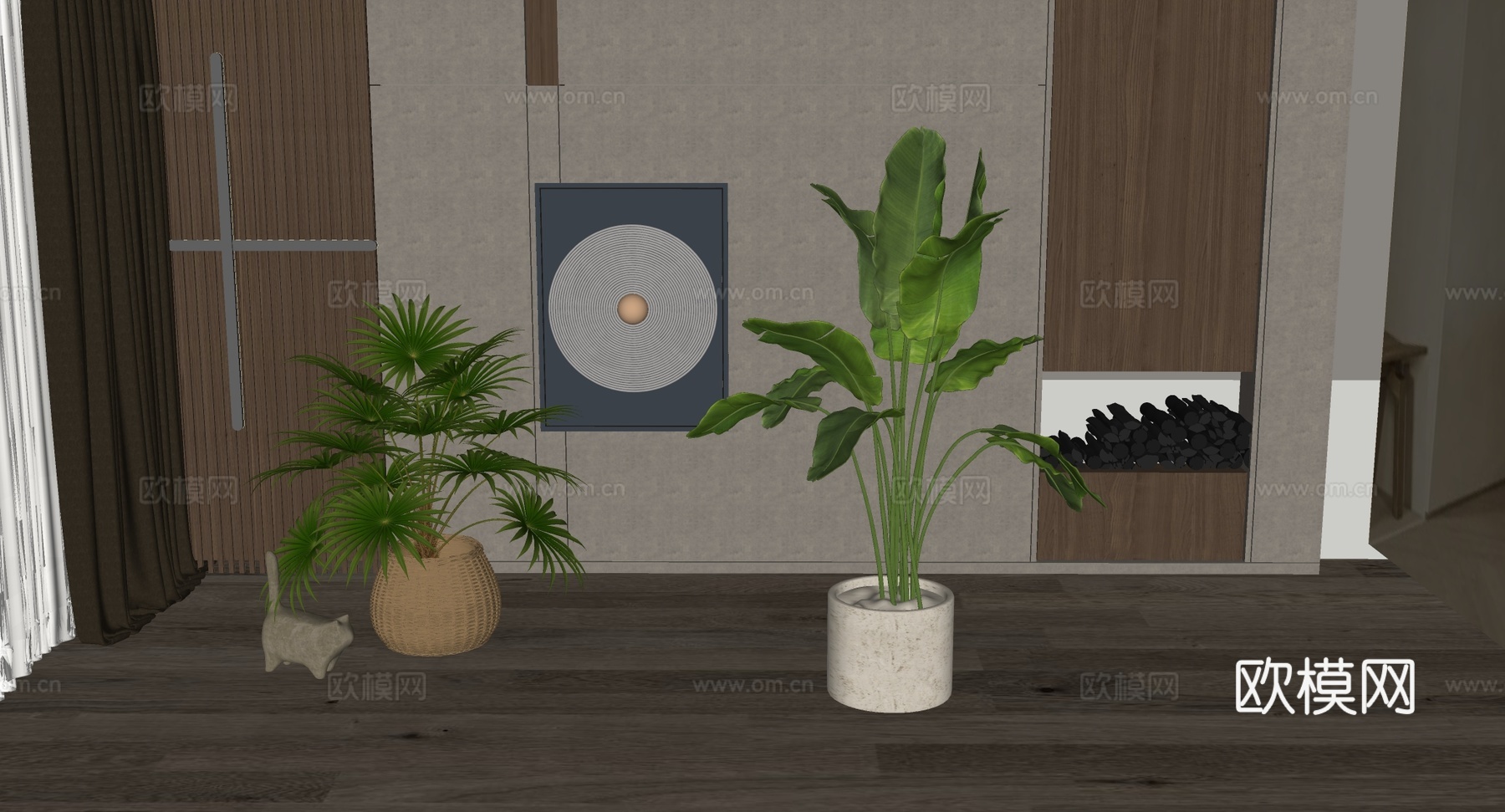 ins风绿植软装套组 琴叶榕天堂鸟 编织盆 动物摆件 装饰画su模型