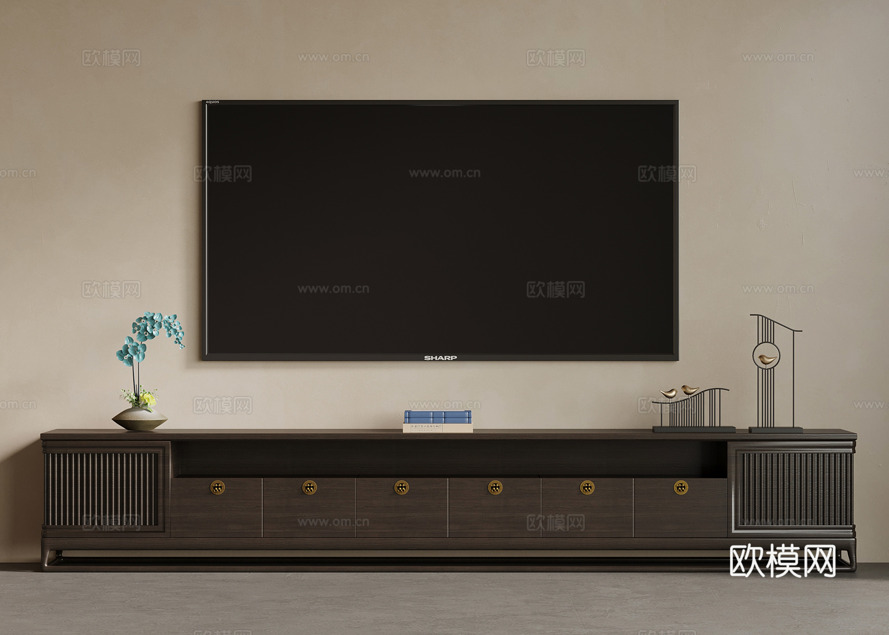 新中式电视柜su模型下载（渲染图1）