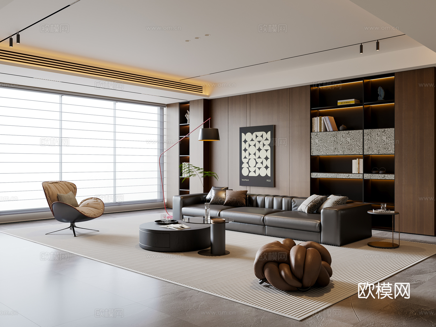 现代意式客厅 沙发茶几 三人沙发 休闲椅 落地灯 地毯su模型