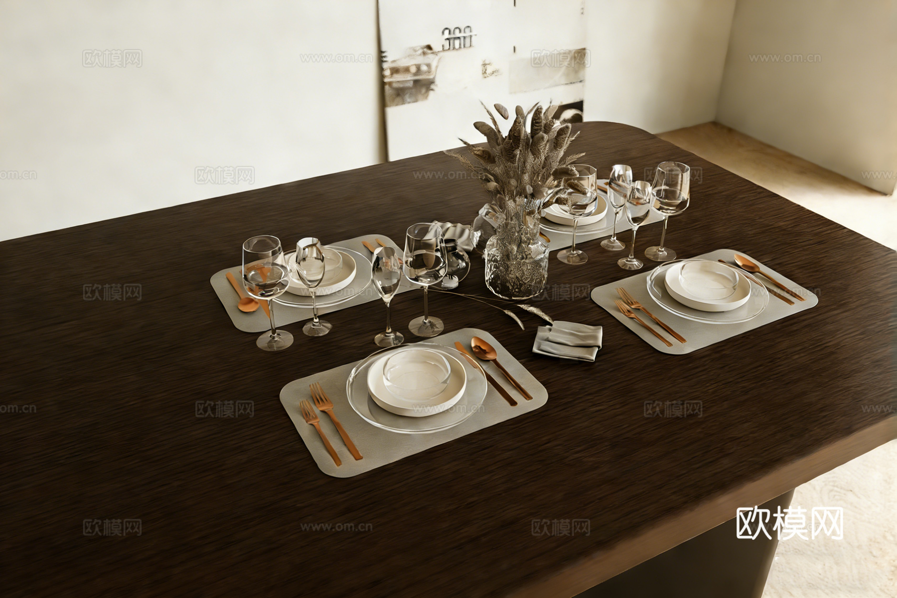现代简约餐桌摆盘 金属刀叉 高脚杯 干花花瓶 餐垫su模型