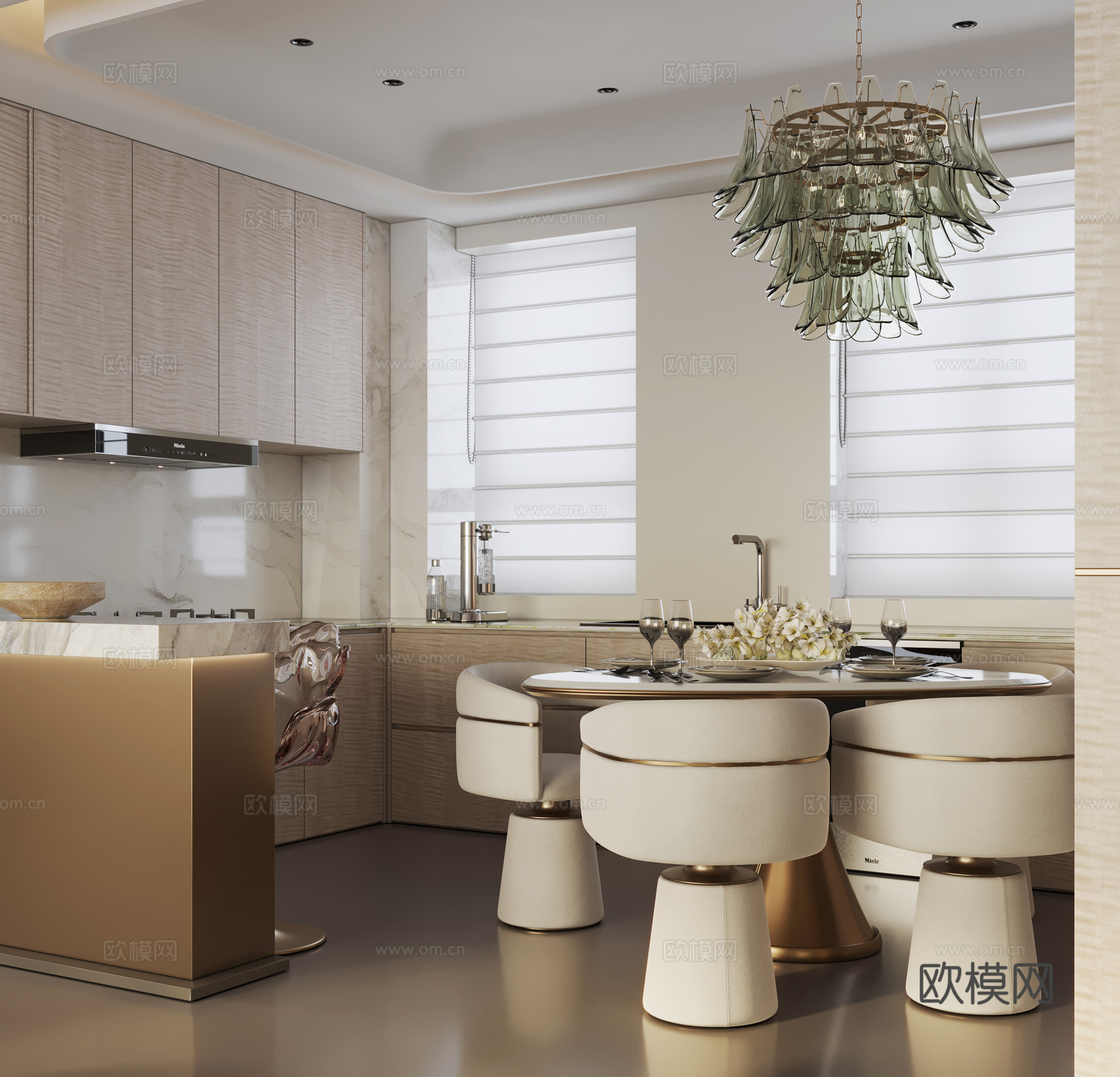 现代轻奢客餐厅 意式轻奢客餐厅 横厅 大平层3d模型下载（渲染图3）