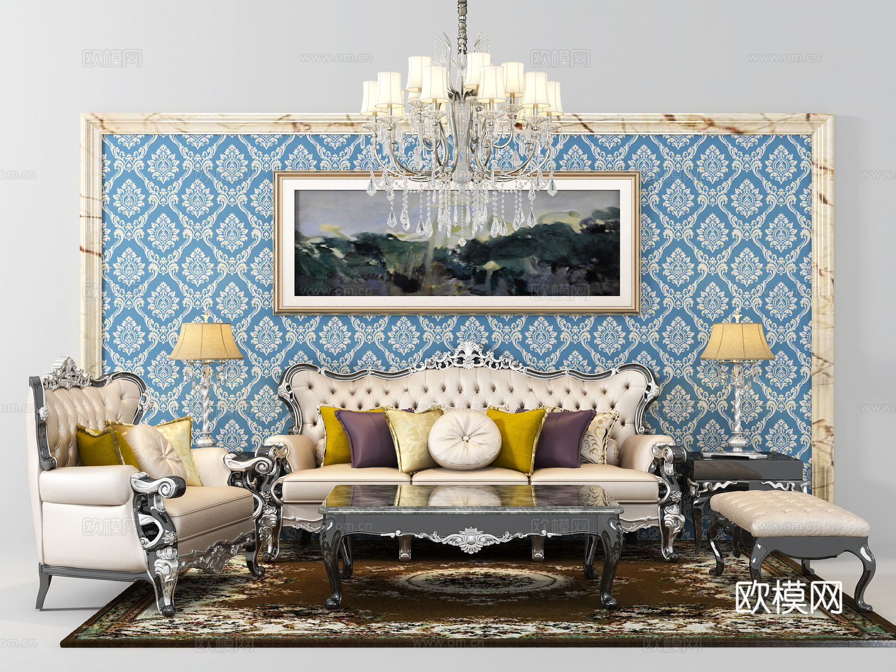 欧式简约双人沙法 茶几 休闲椅  吊灯 摆件 饰品  台灯3d模型下载（渲染图1）