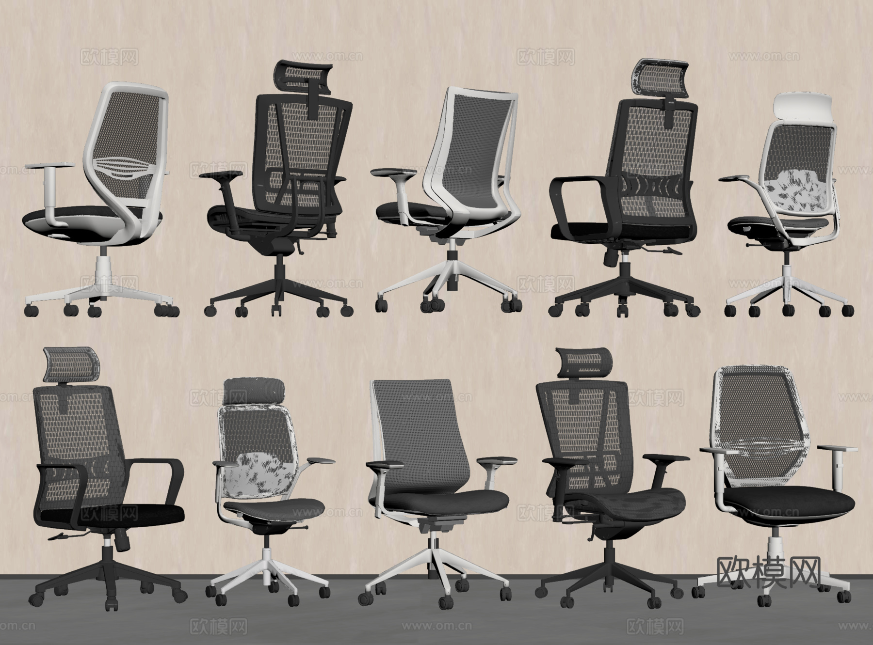 现代办公椅 电脑椅 旋转椅 网布椅 带滑轮su模型
