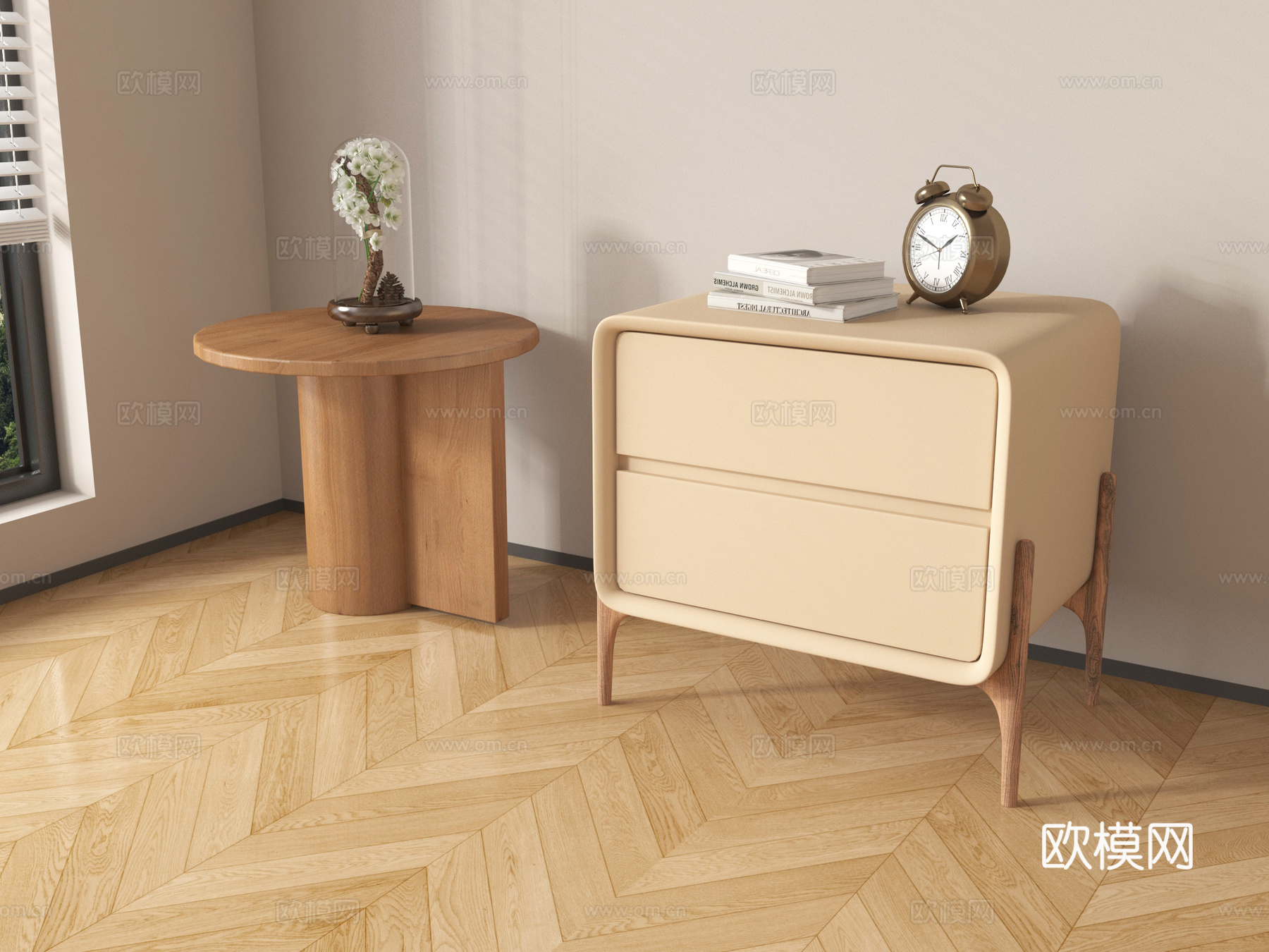 北欧奶油风床头柜 实木抽屉床头柜 摆件su模型