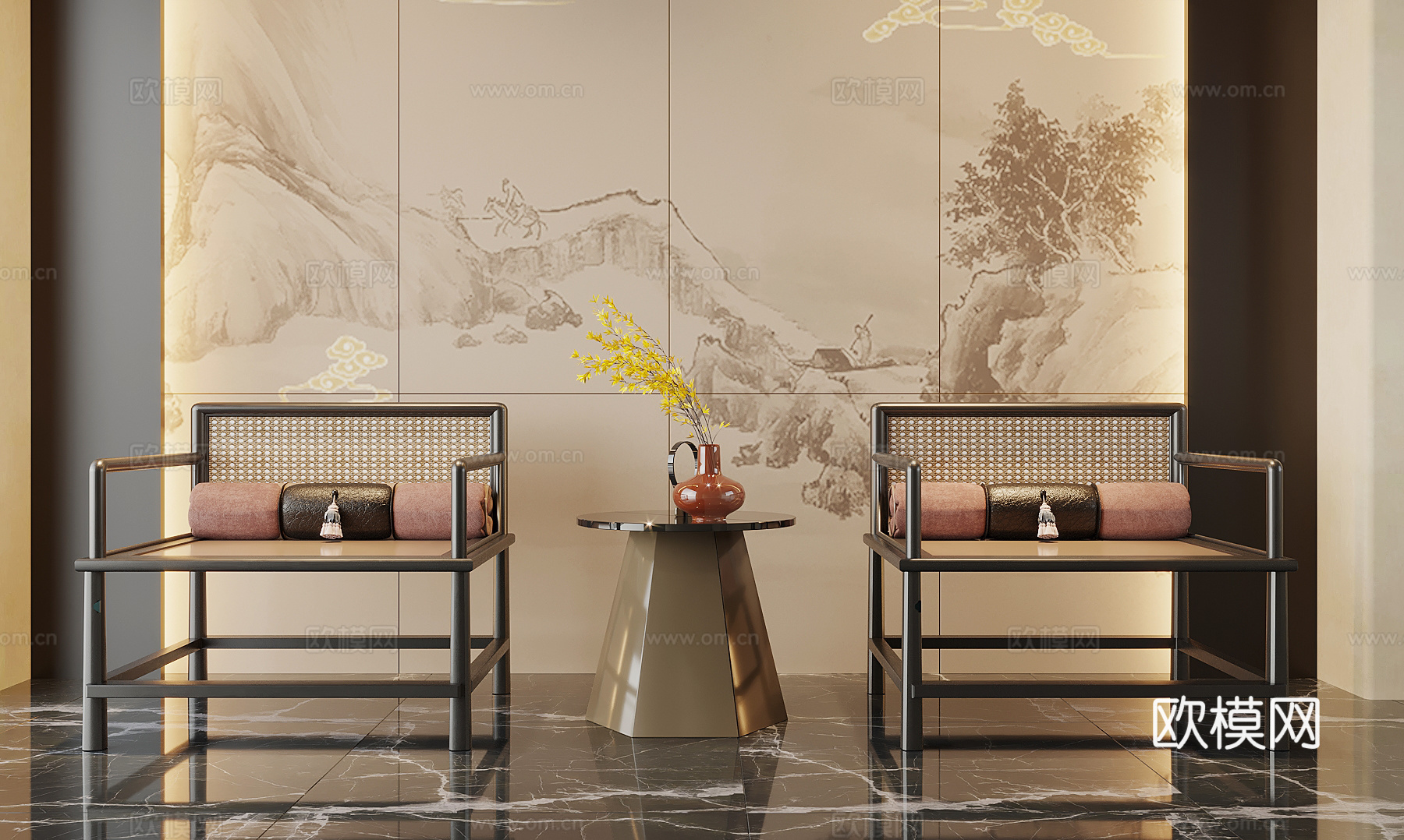 新中式休闲桌椅su模型