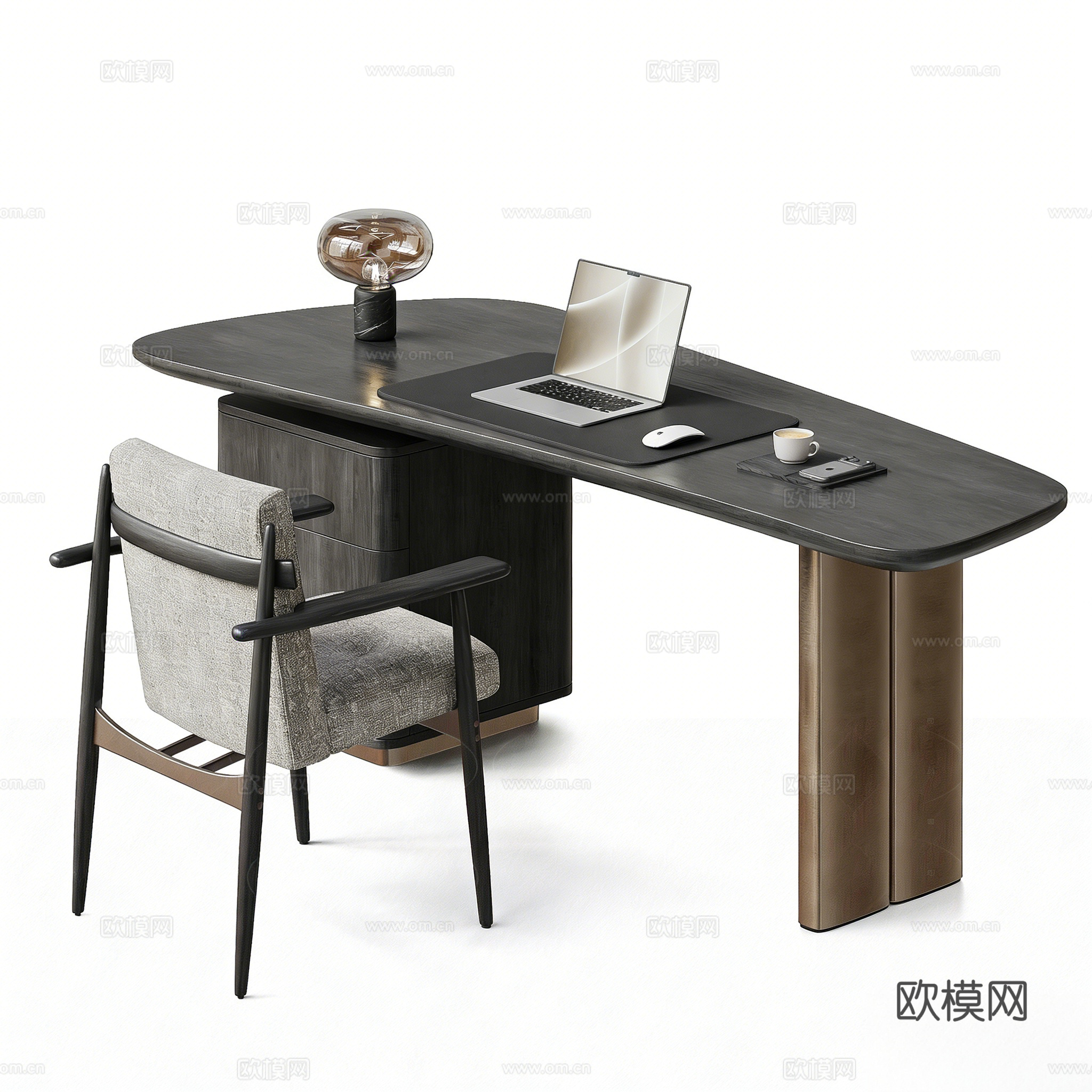 现代意式轻奢书桌椅 办公桌椅 台灯 电脑su模型
