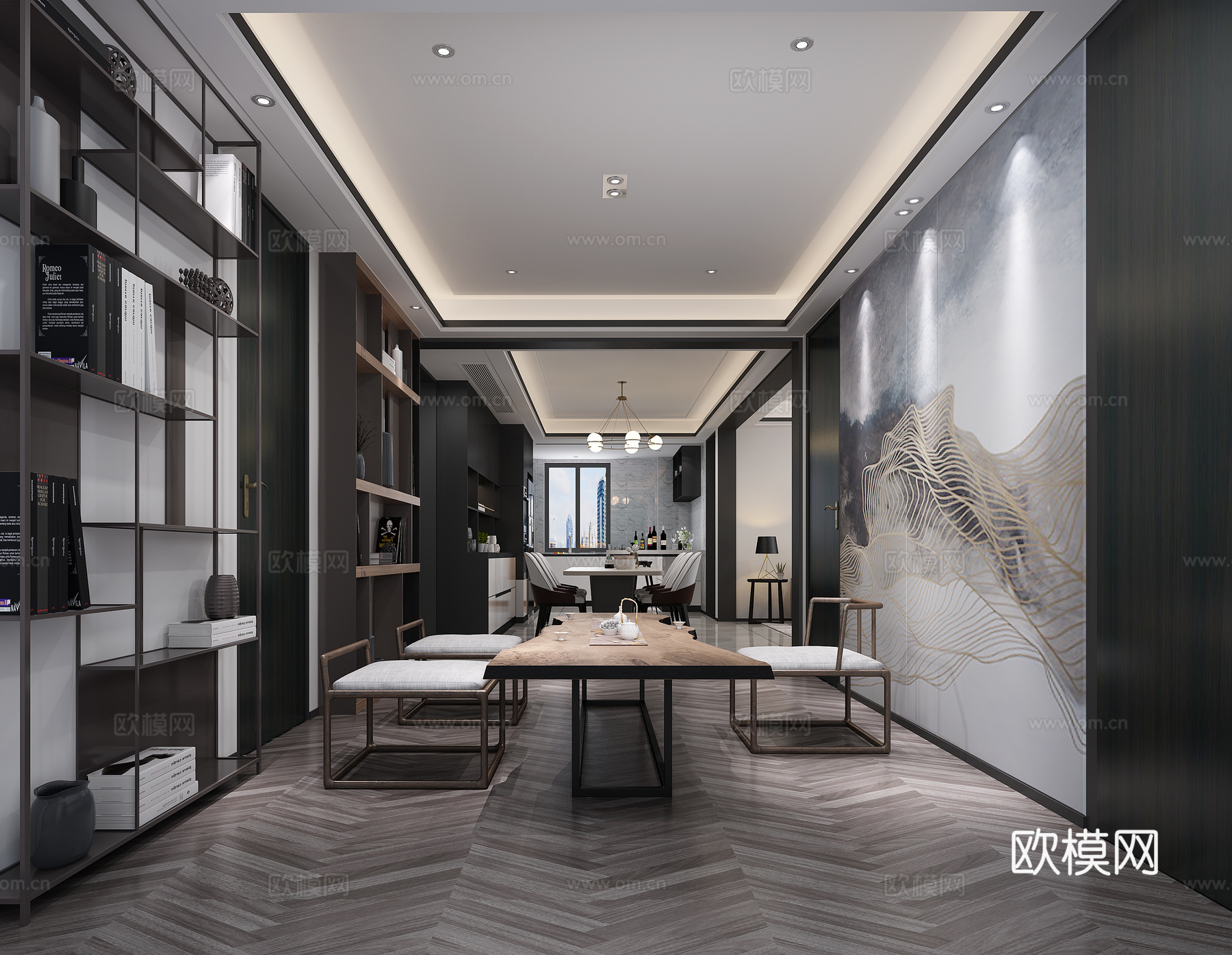 新中式茶室 新中茶桌 新中挂画  黑白书架 装饰书架3d模型