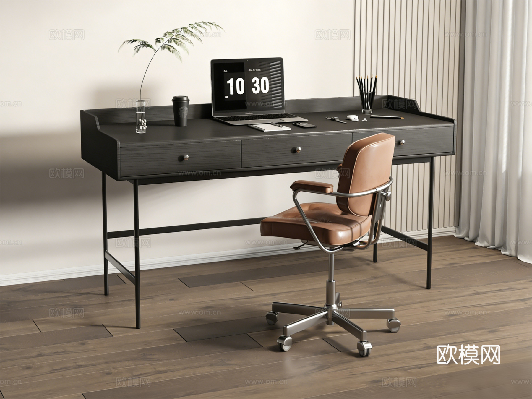 意式书桌椅组合 办公桌椅 电脑摆件su模型