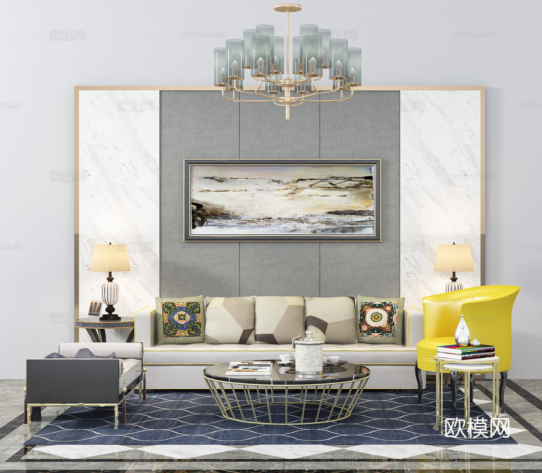 现代多人沙发 休闲椅  茶几 摆件 挂画 吊灯 背景墙3d模型下载（渲染图1）