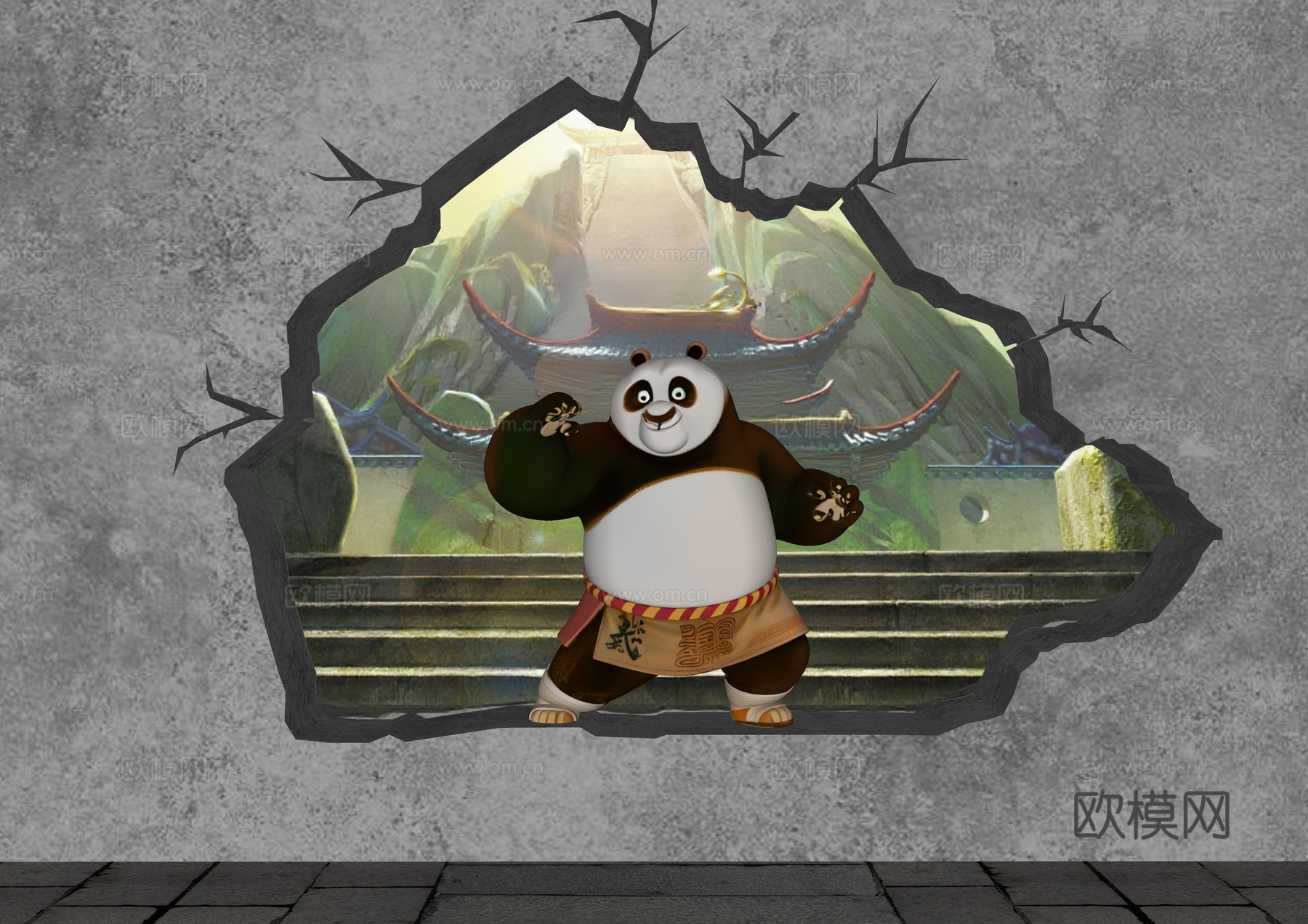 墙面装饰 打卡墙 景观墙面设计 功夫熊猫墙 破损墙面su模型