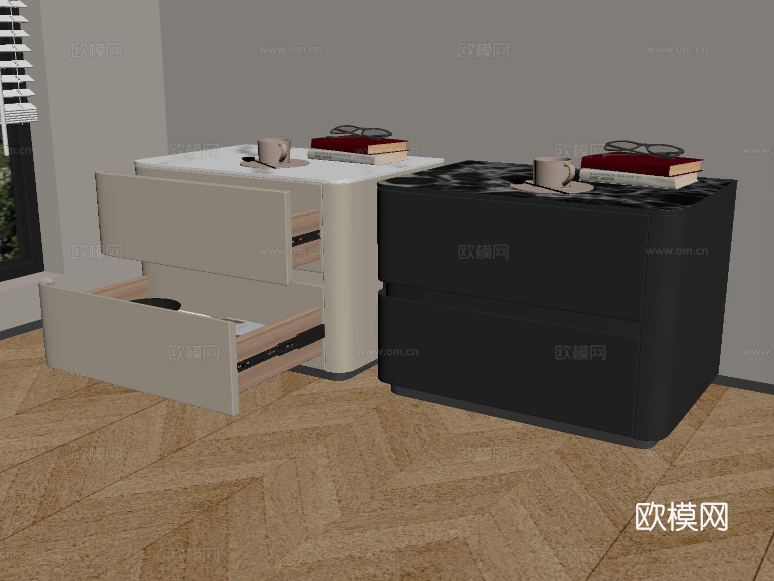 现代床头柜 实木抽屉床头柜 摆件su模型