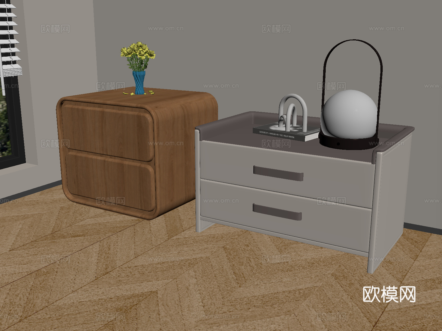 北欧奶油风床头柜 实木抽屉床头柜 摆件su模型