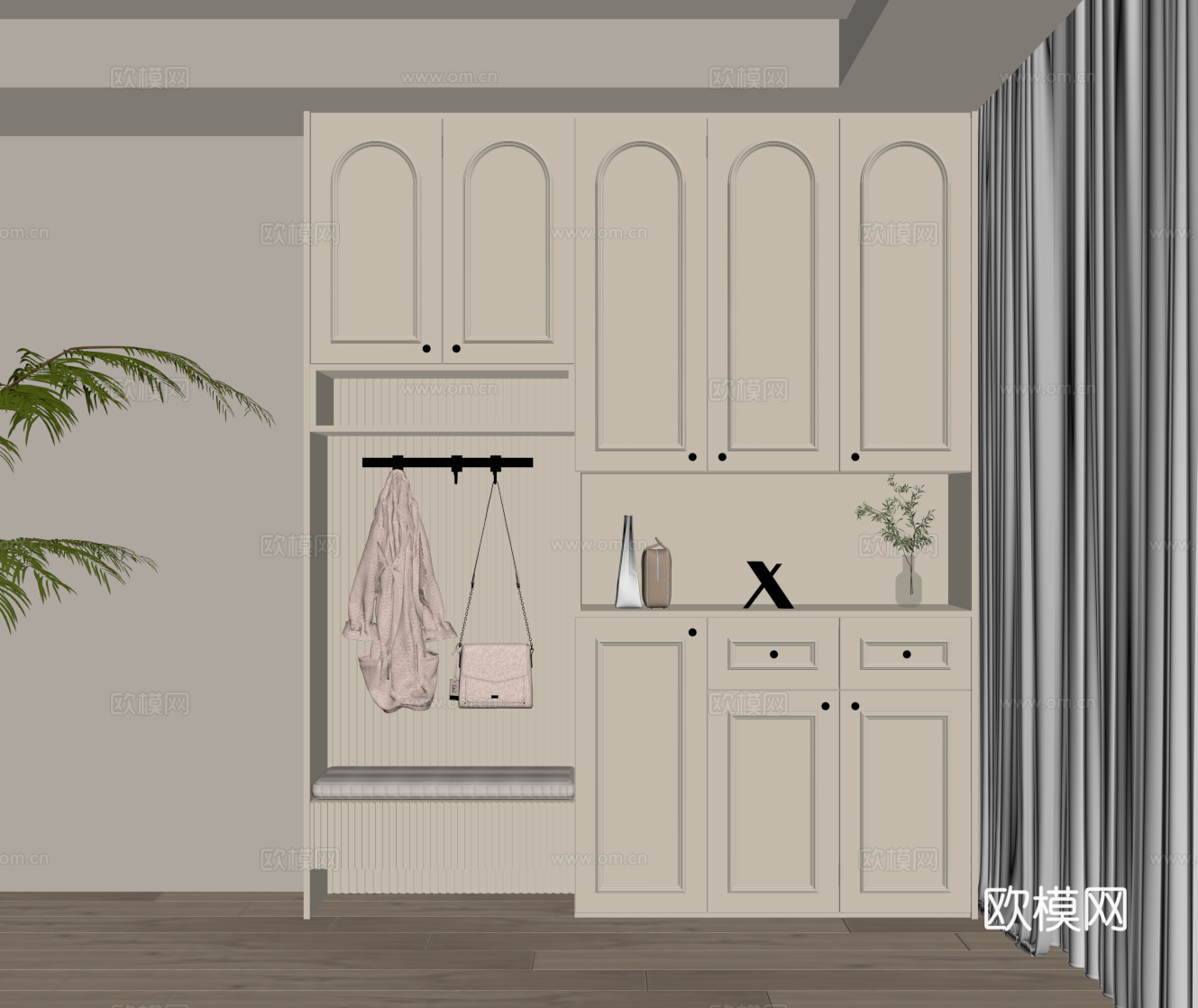 法式奶油风鞋柜 入户鞋柜su模型下载（渲染图2）