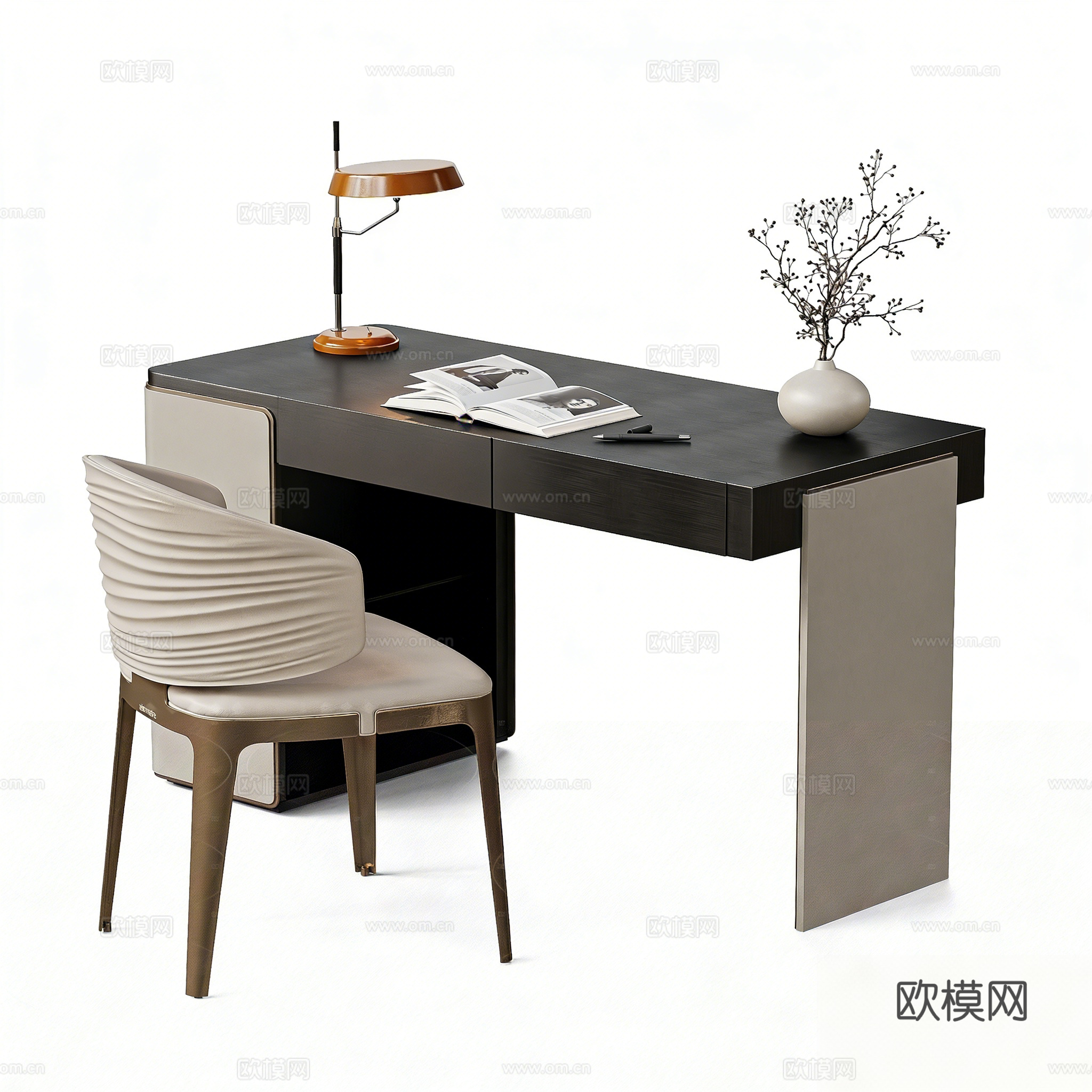 现代意式轻奢书桌椅 办公桌椅 台灯 摆件su模型