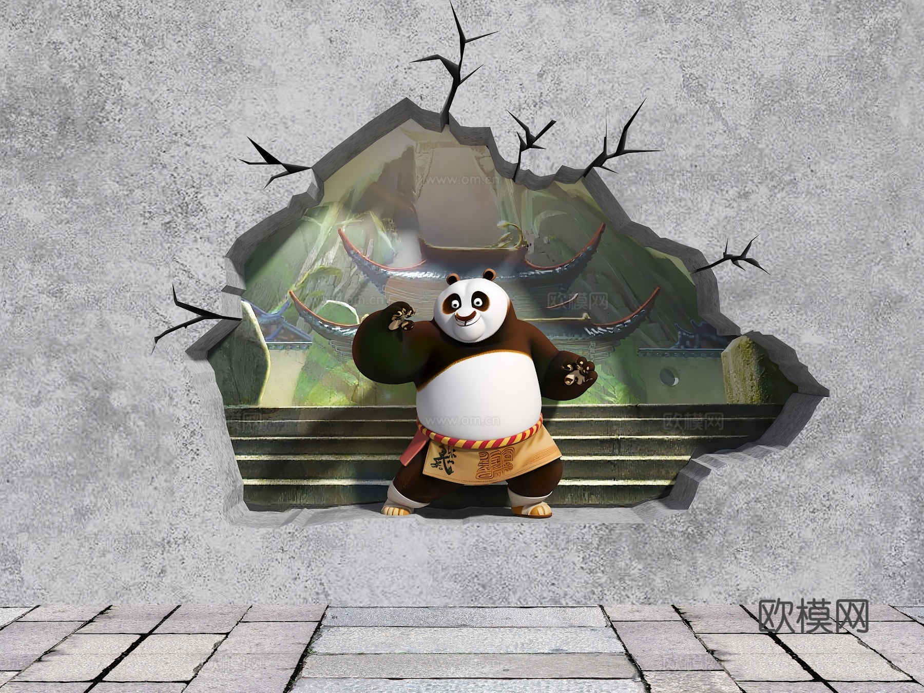 墙面装饰 打卡墙 景观墙面设计 功夫熊猫墙 破损墙面3d模型下载