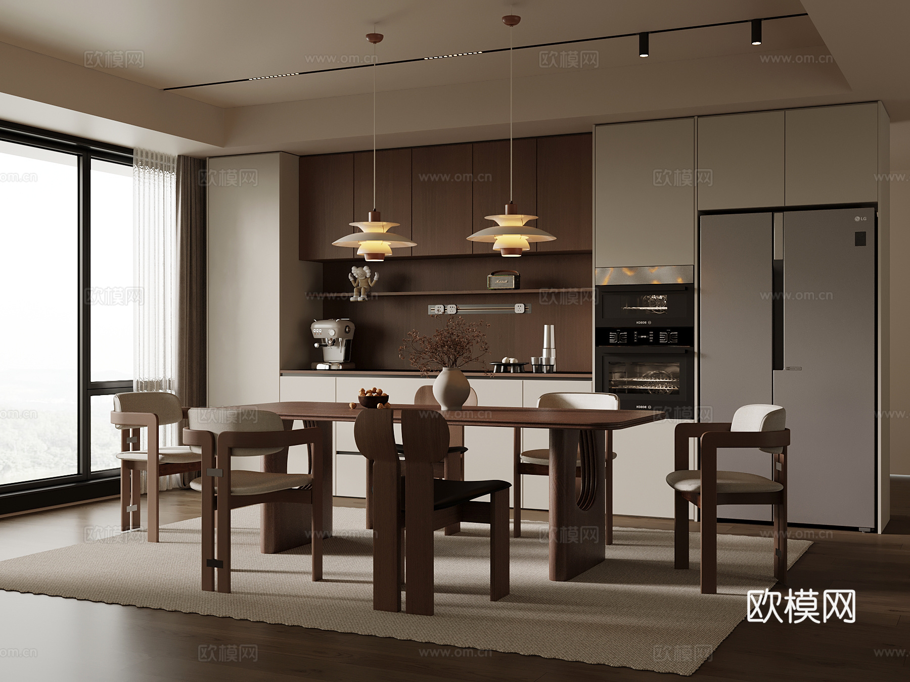 中古风餐厅 餐桌椅 备餐柜su模型下载（渲染图1）