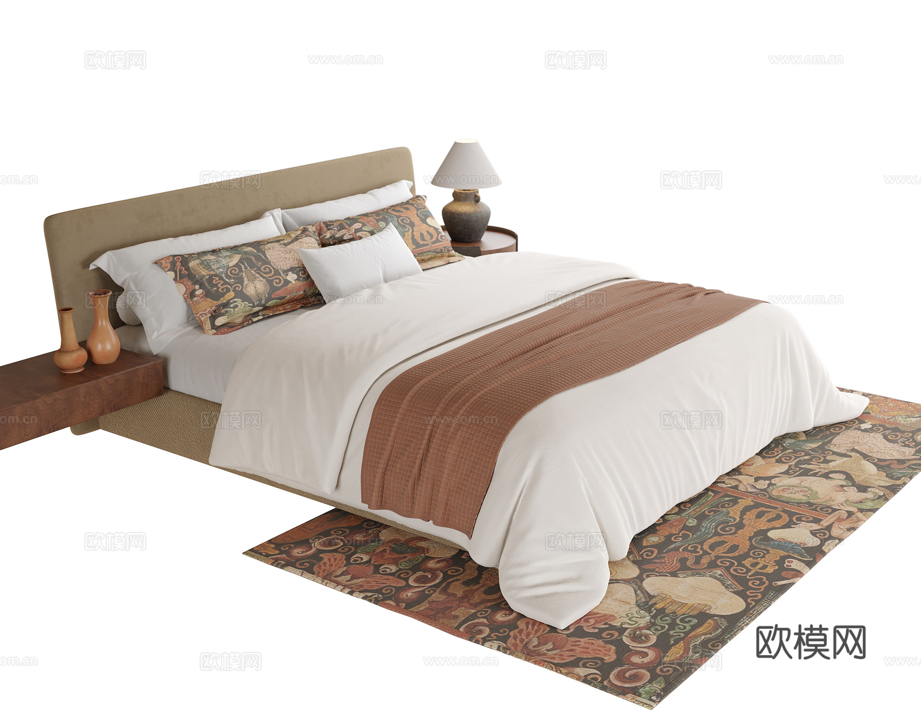 现代双人床 地毯su模型