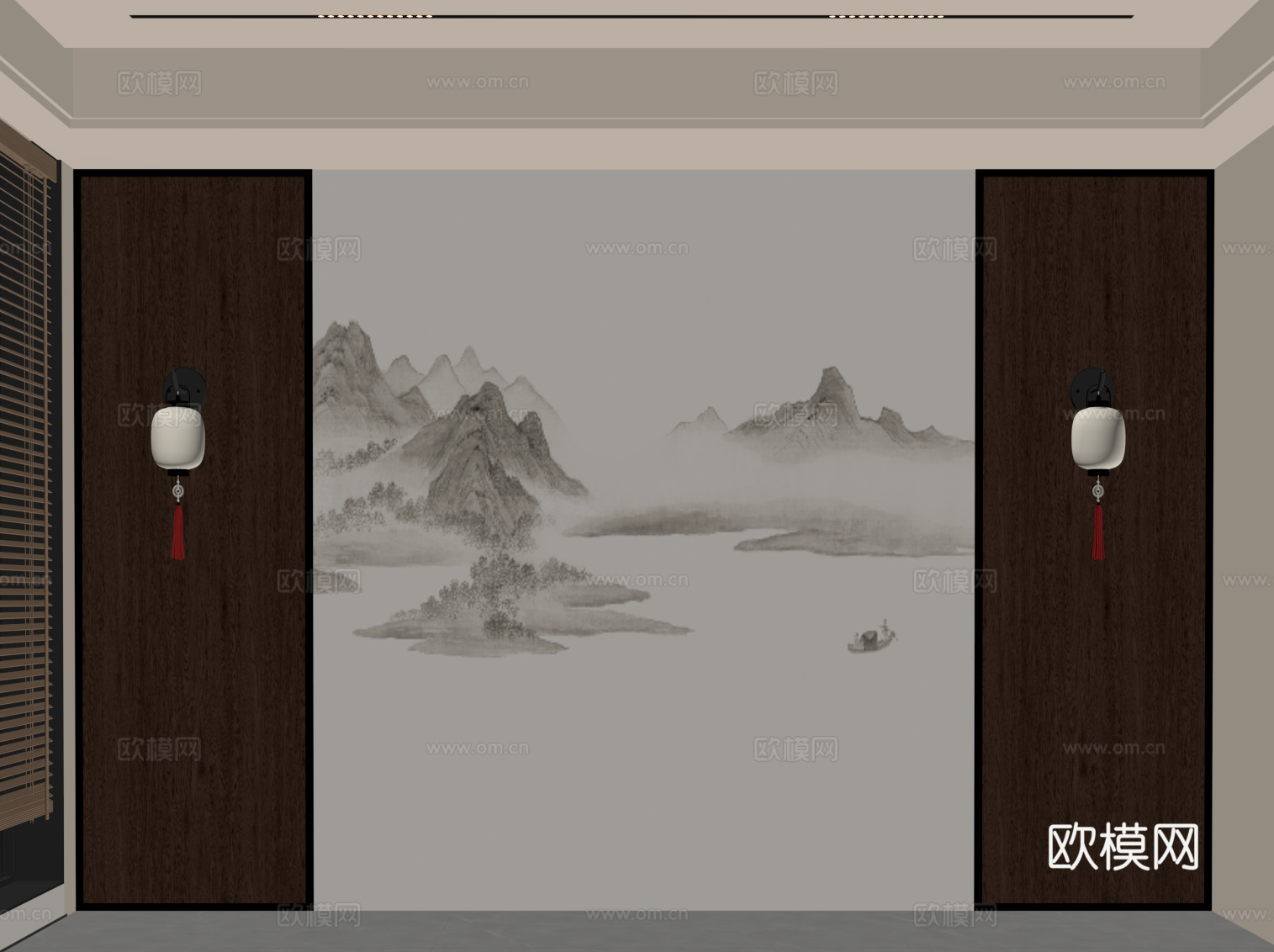 新中式背景墙 床头背景墙su模型