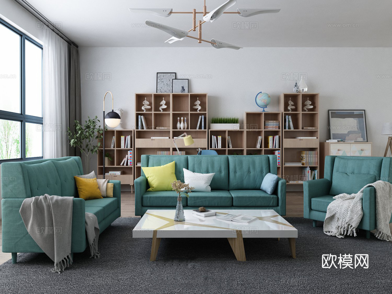 北欧沙发茶几组合 书柜 吊灯 地毯3d模型下载（渲染图2）