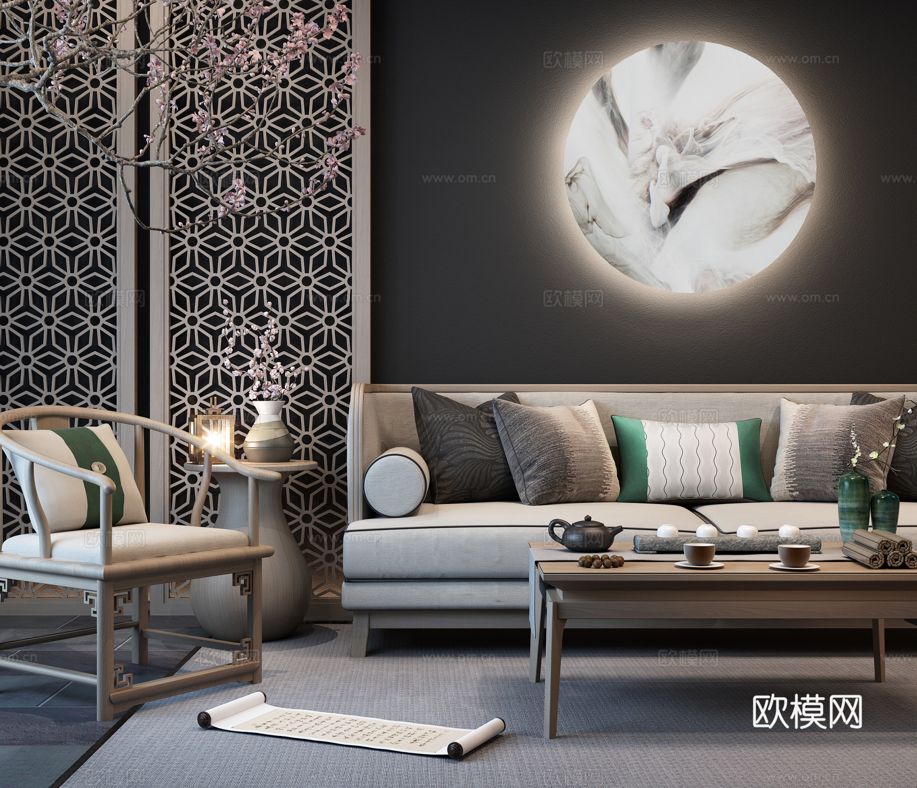 禅意中式沙发 茶几 装饰品3d模型下载（渲染图4）