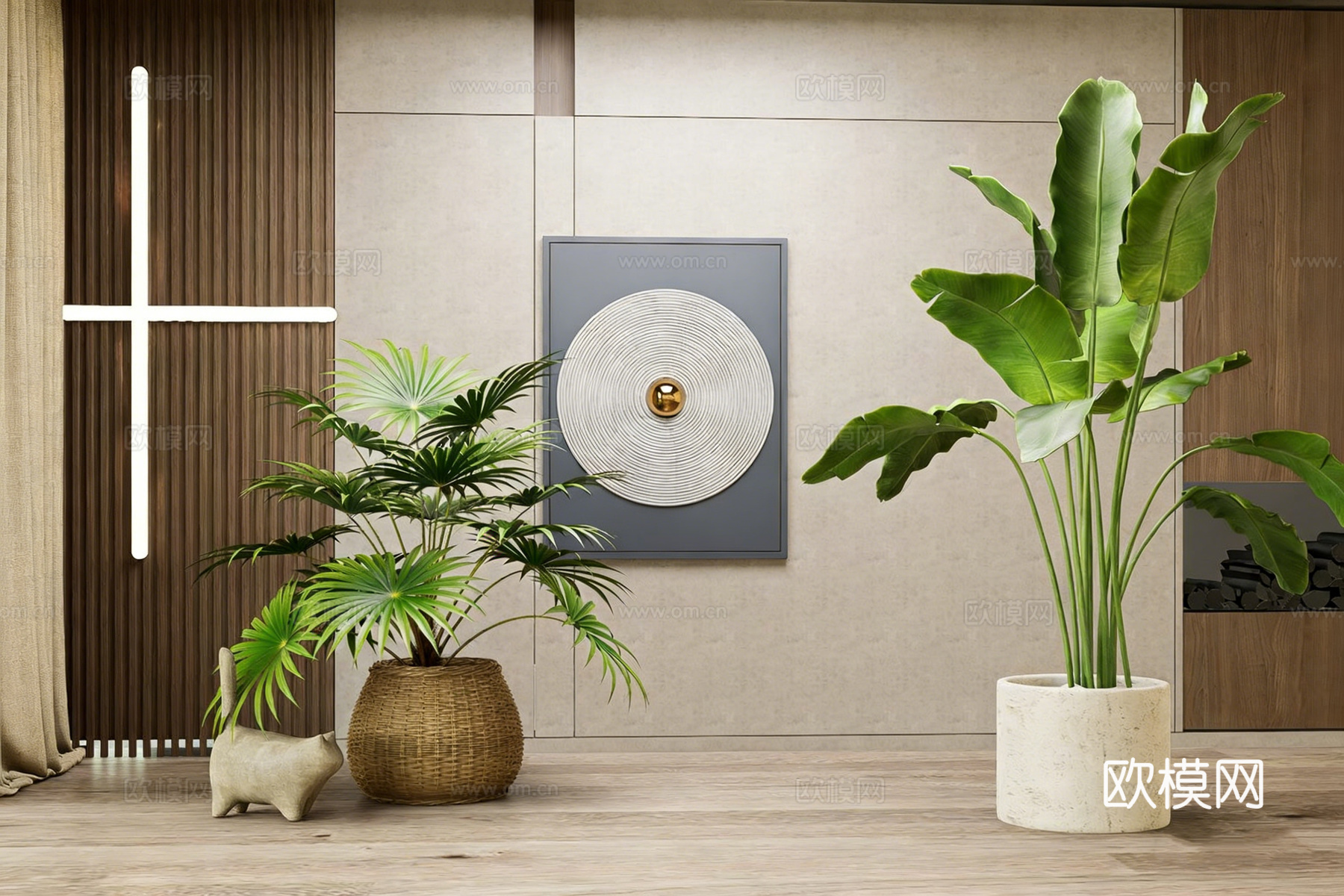 ins风绿植软装套组 琴叶榕天堂鸟 编织盆 动物摆件 装饰画su模型