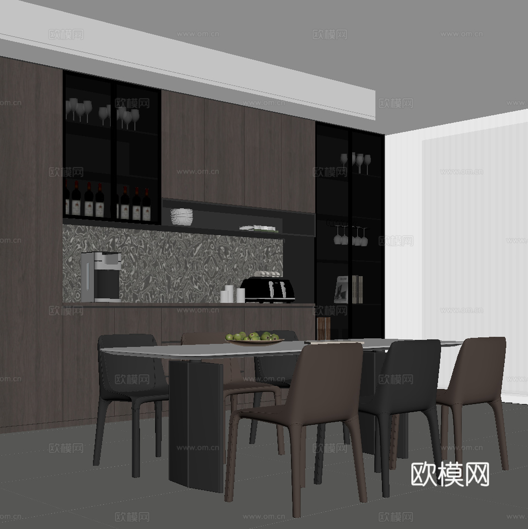 意式餐厅 餐桌椅 餐柜su模型