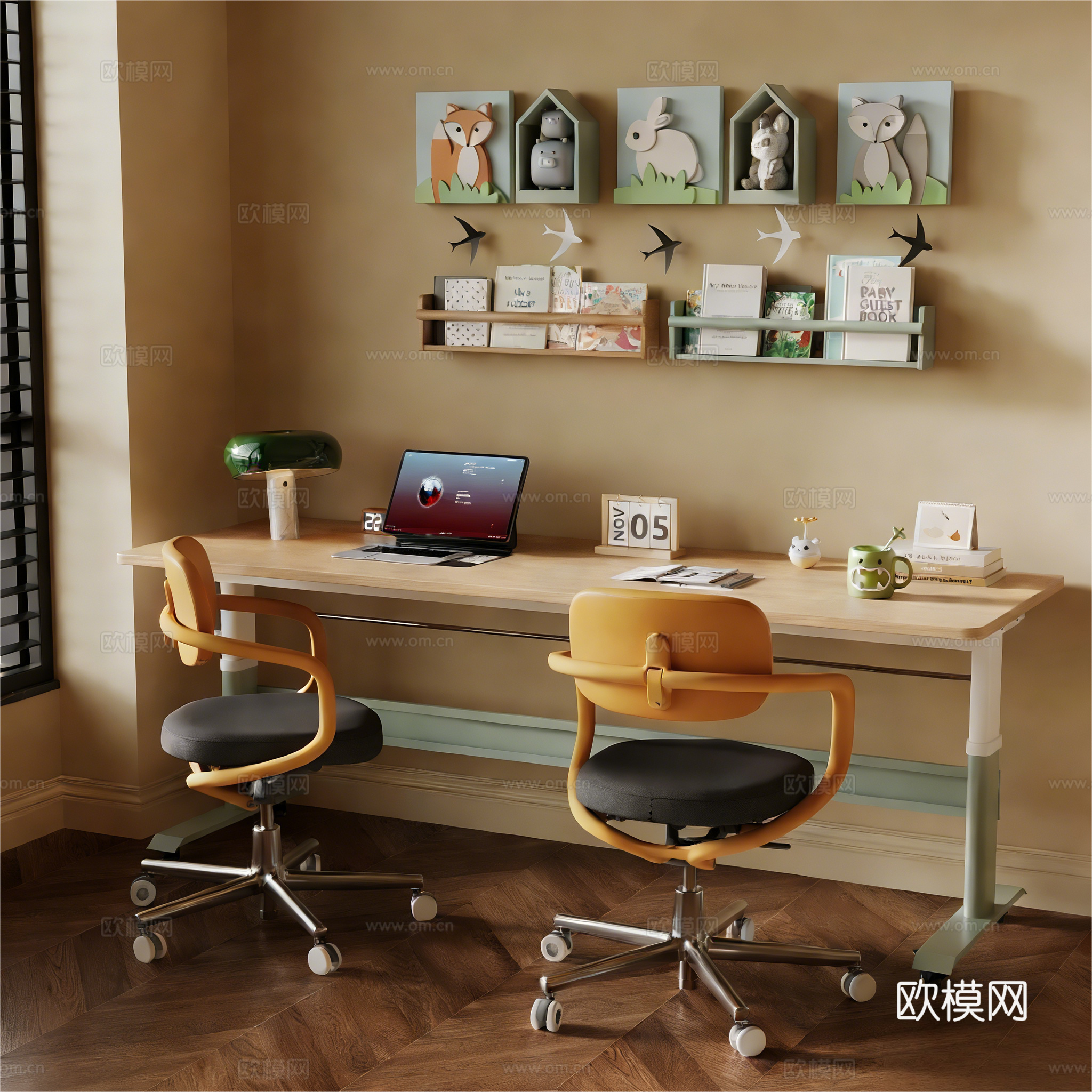 中古风写字桌 书桌椅 电脑 台灯 书架su模型