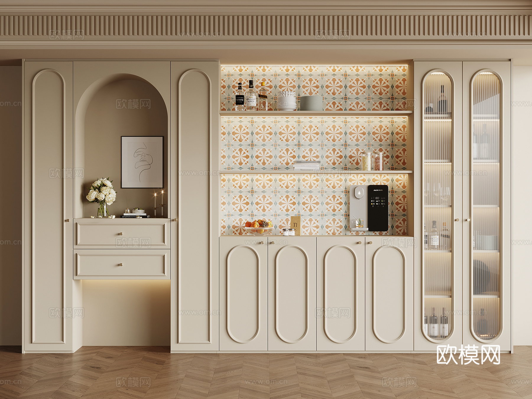 法式奶油风酒柜 餐边柜su模型