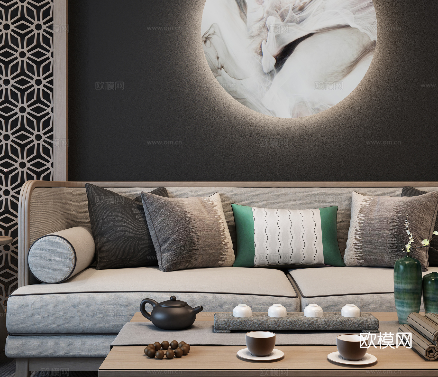 禅意中式沙发 茶几 装饰品3d模型下载（渲染图3）