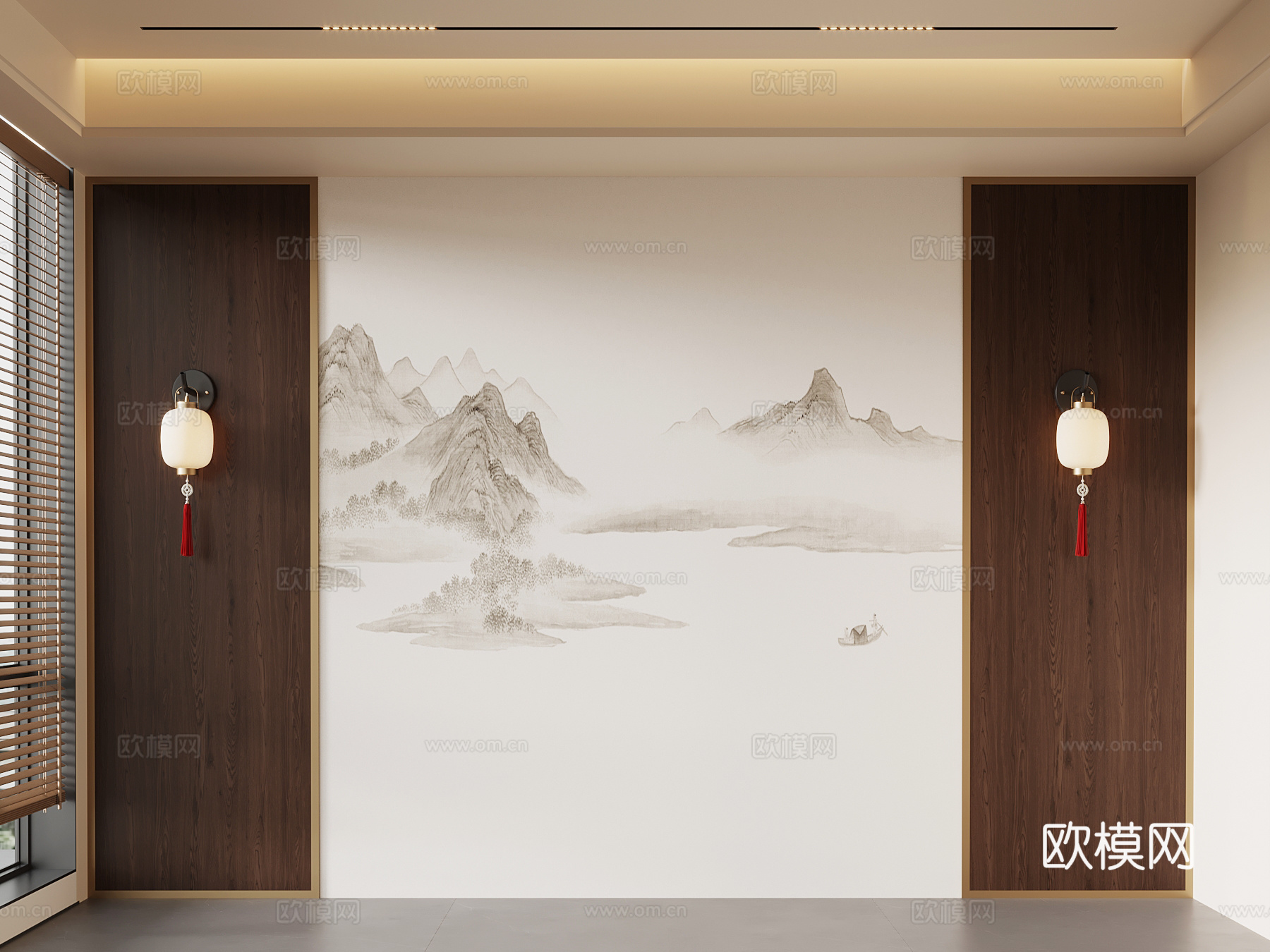 新中式背景墙 床头背景墙su模型