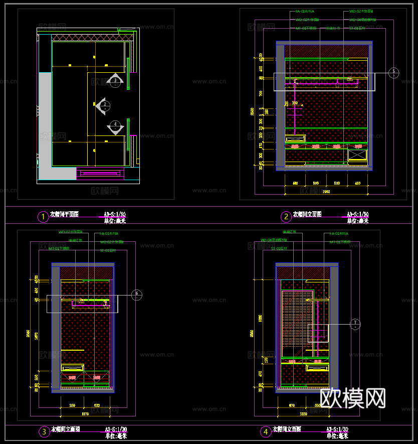 衣帽间平立面图 敞开式衣柜 现代衣帽间  衣柜节点cad施工图